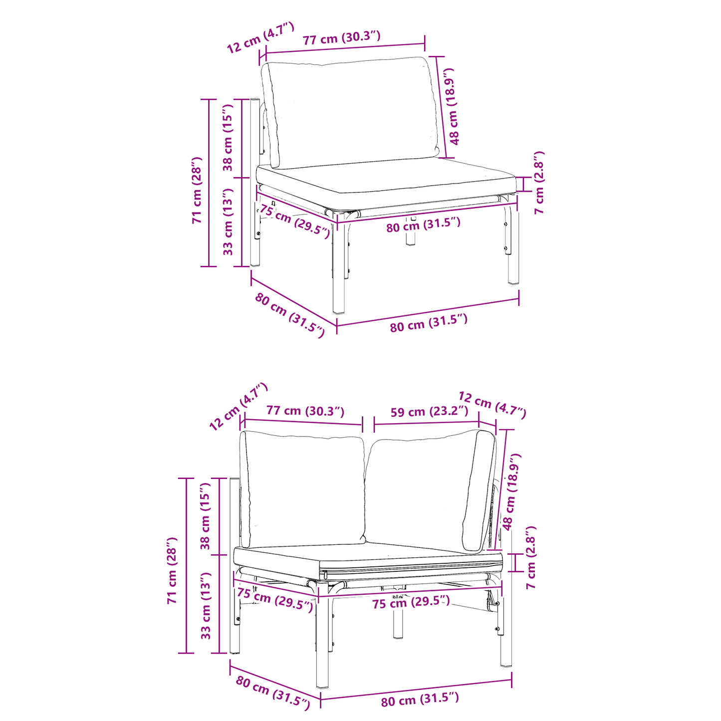 Hagesofa Set med pute 7 pcs Svart Stål