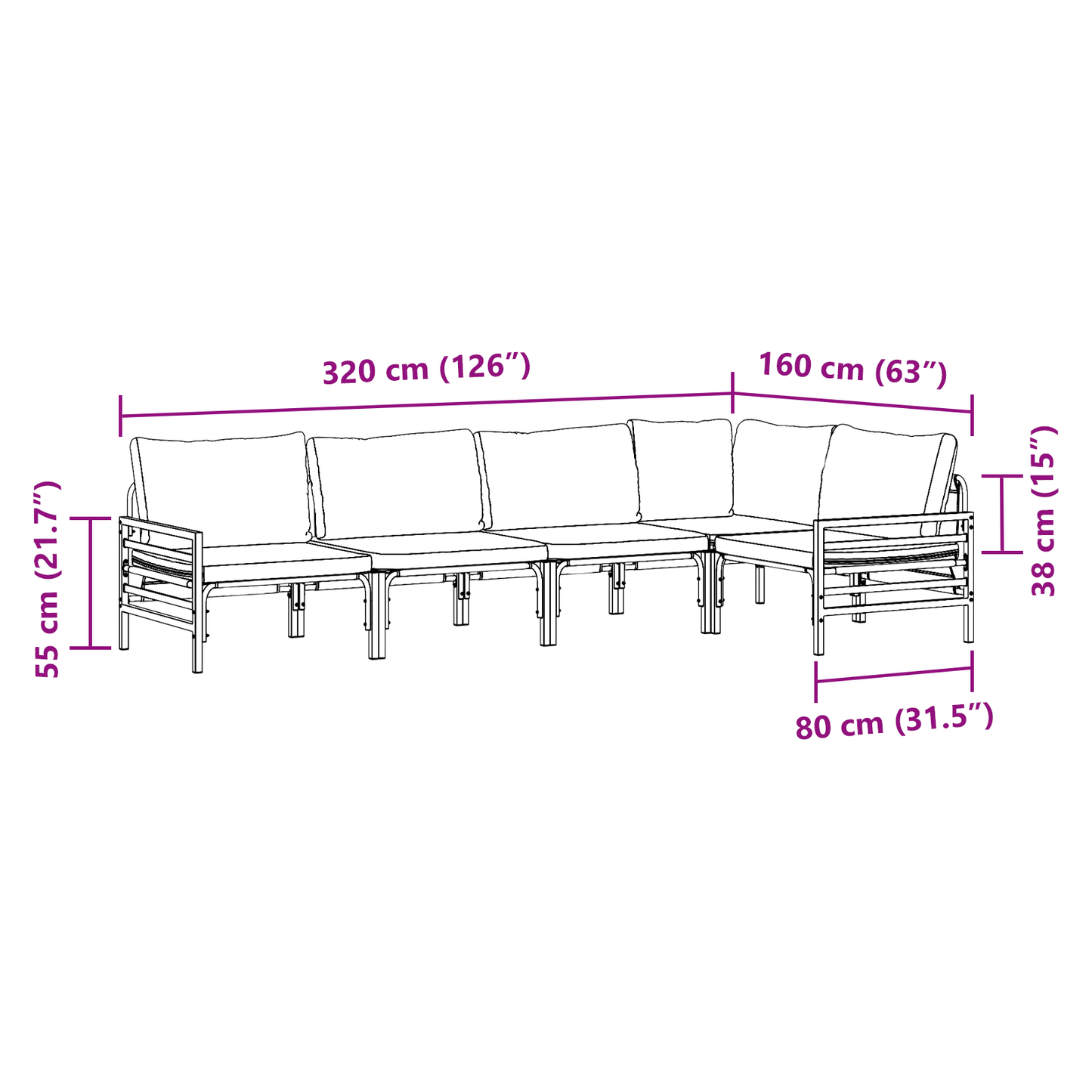 Hagesofa Set med pute 5 pcs Svart Stål