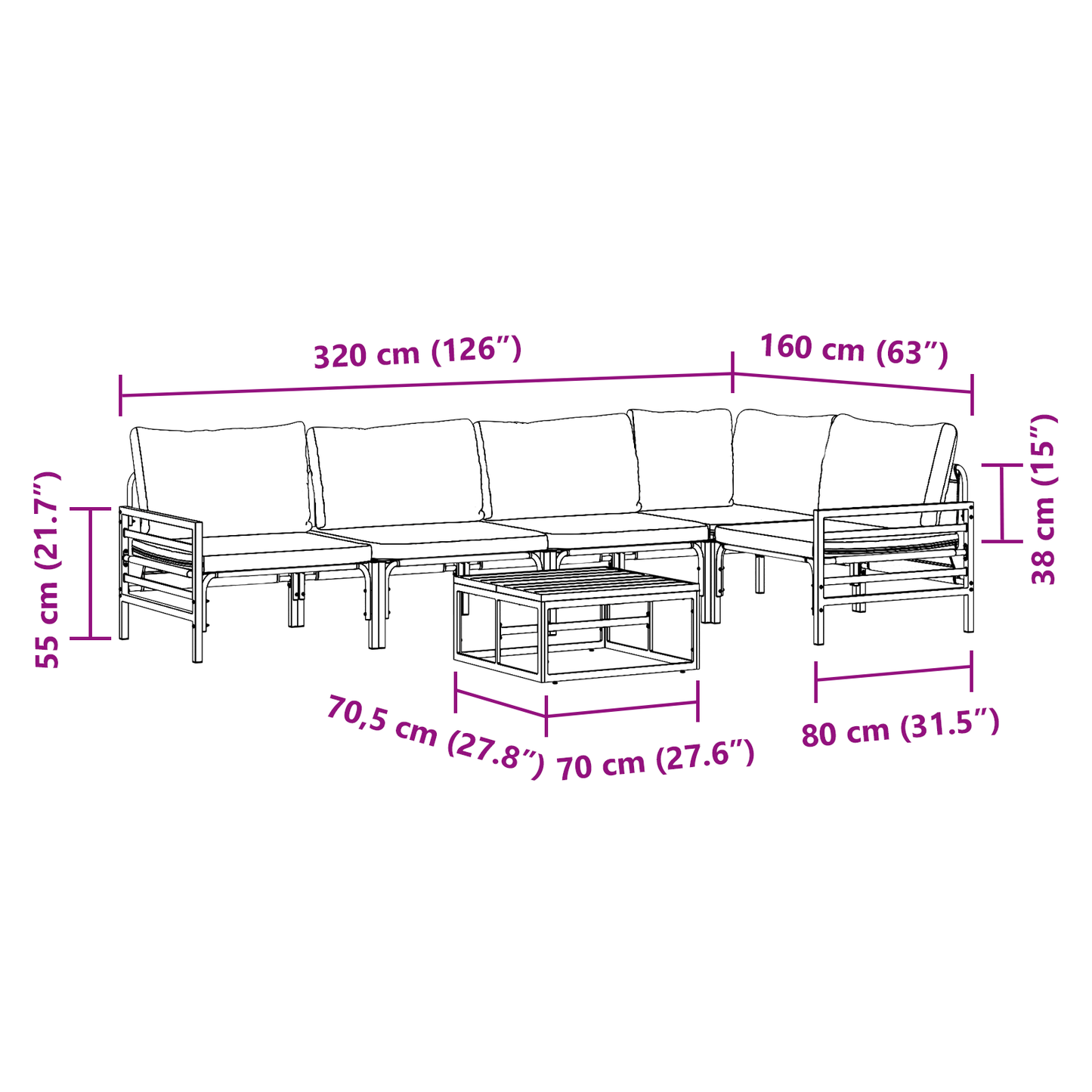 Hagesofa Set med pute 6 pcs Svart Stål