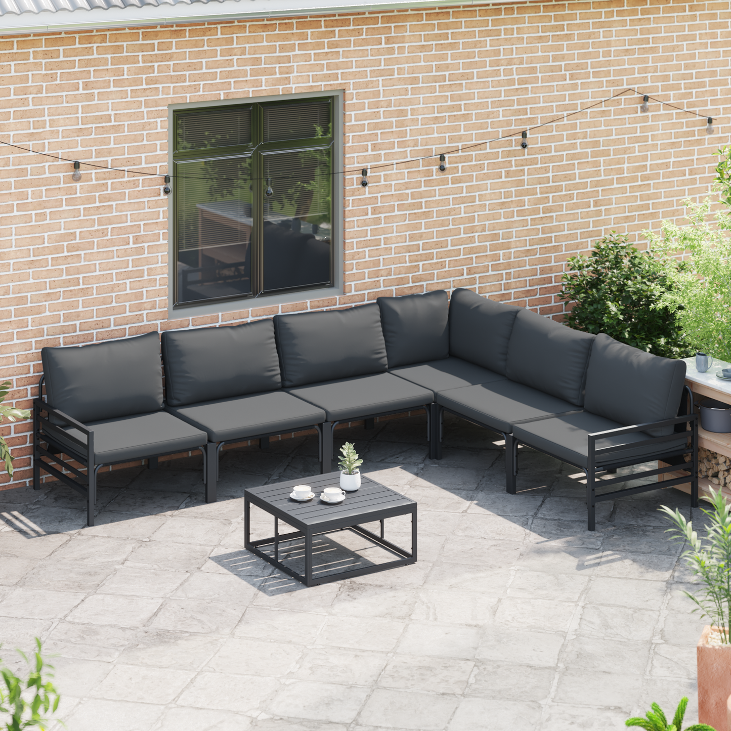 Hagesofa Set med pute 7 pcs Svart Stål