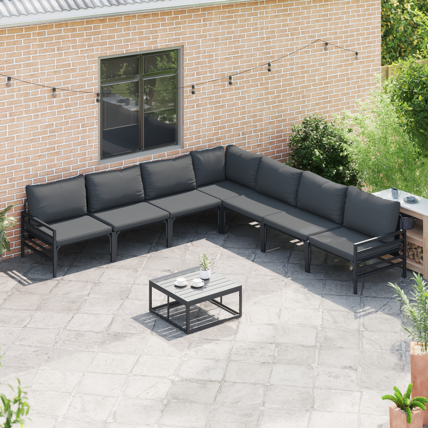 Hagesofa Set med pute 8 pcs Svart Stål