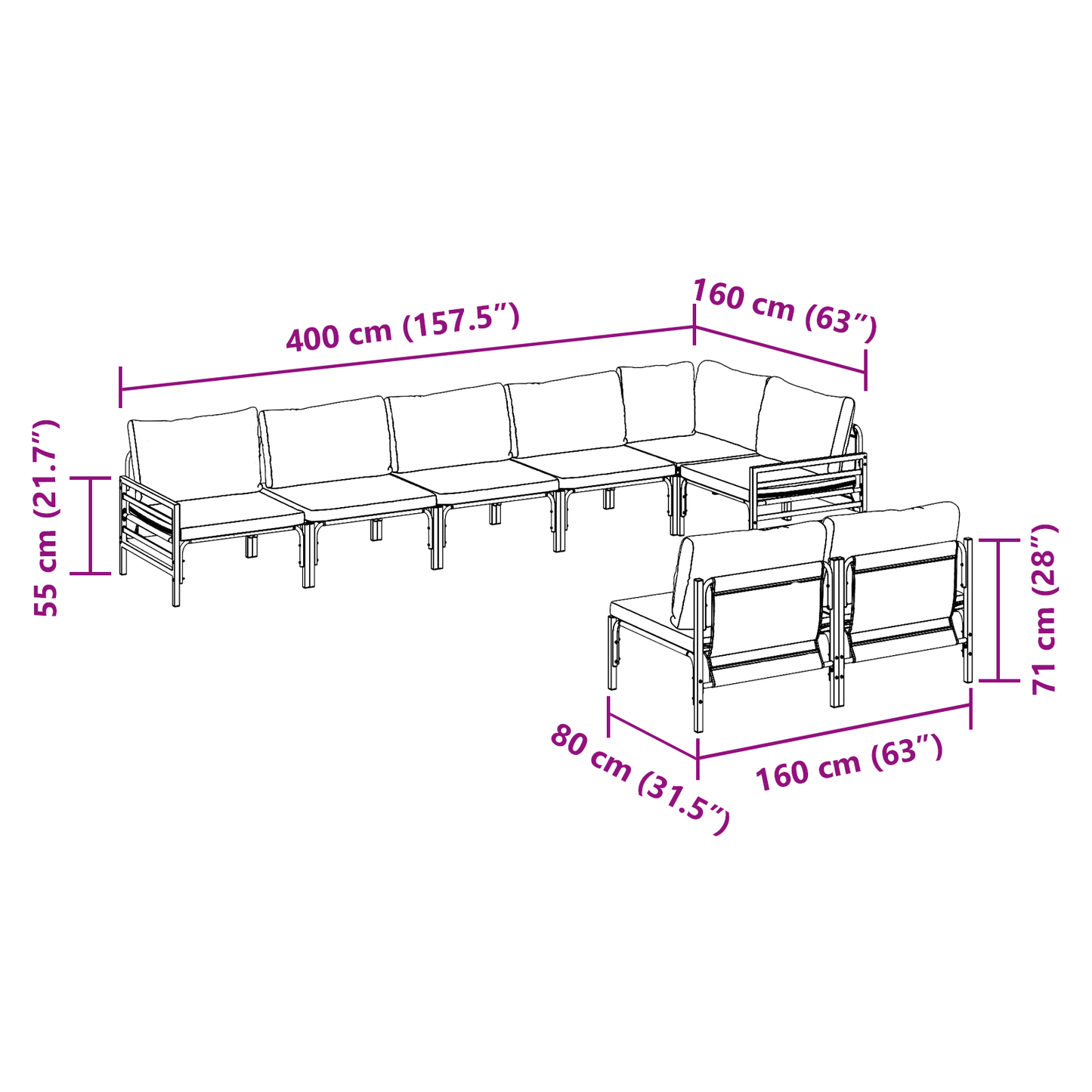Hagesofa Set med pute 8 pcs Svart Stål