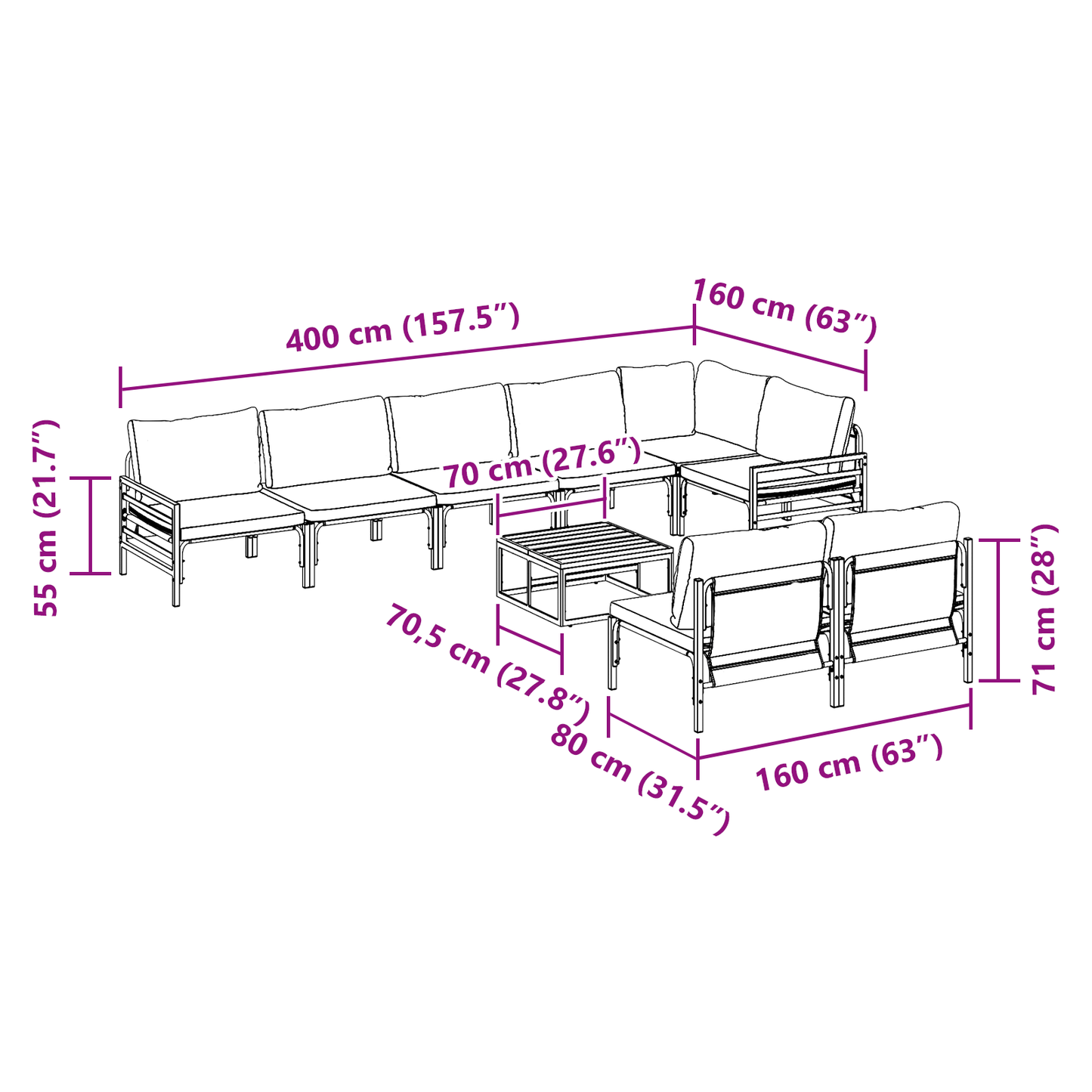 Hagesofa Set med pute 9 pcs Svart Stål