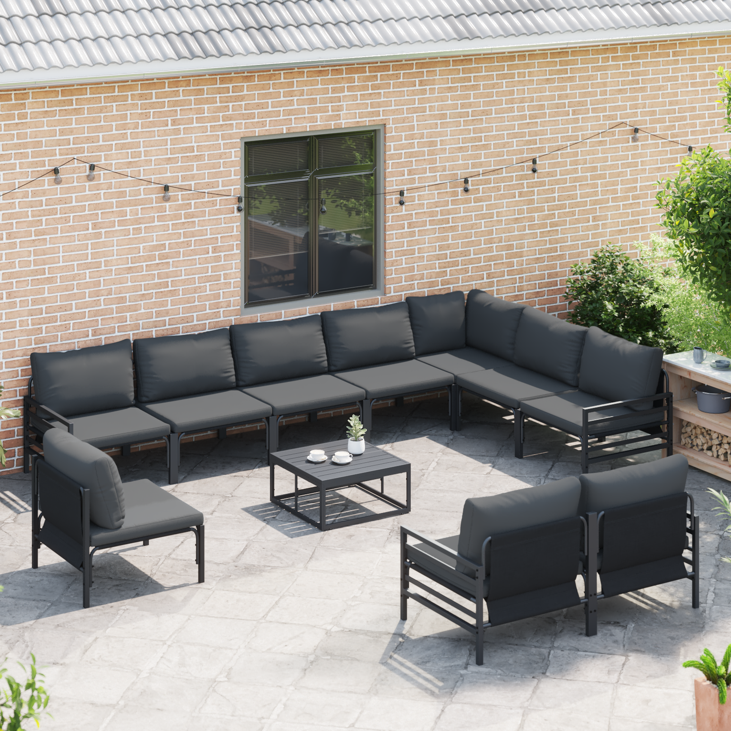 Hagesofa Set med pute 11 pcs Svart Stål