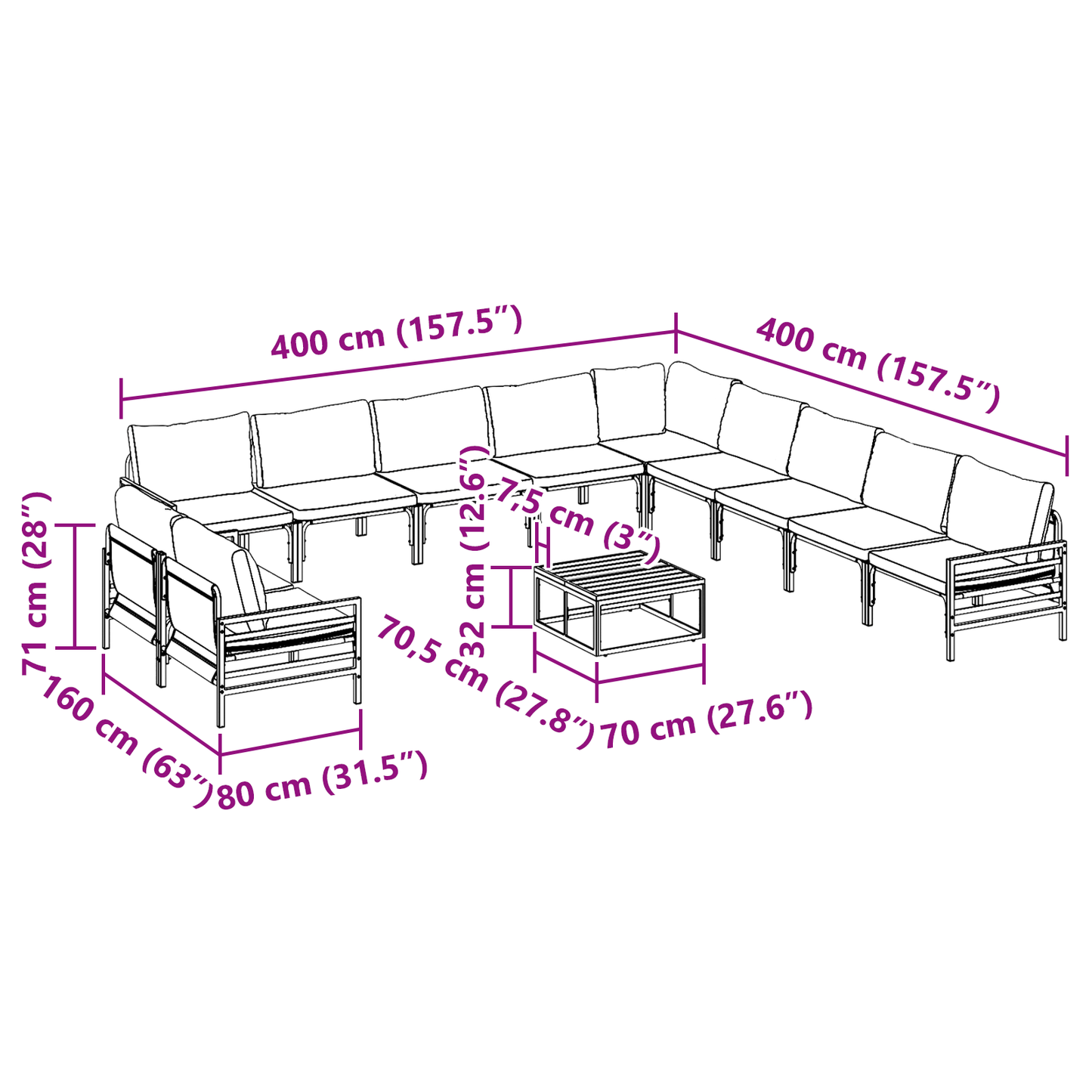 Hagesofa Set med pute 12 pcs Svart Stål