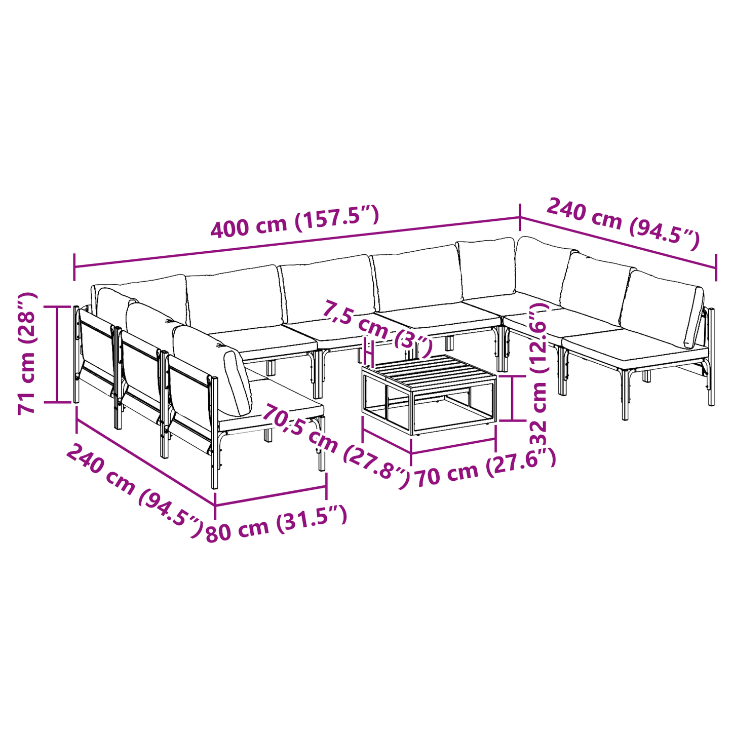 Hagesofa Set med pute 10 pcs Svart Stål