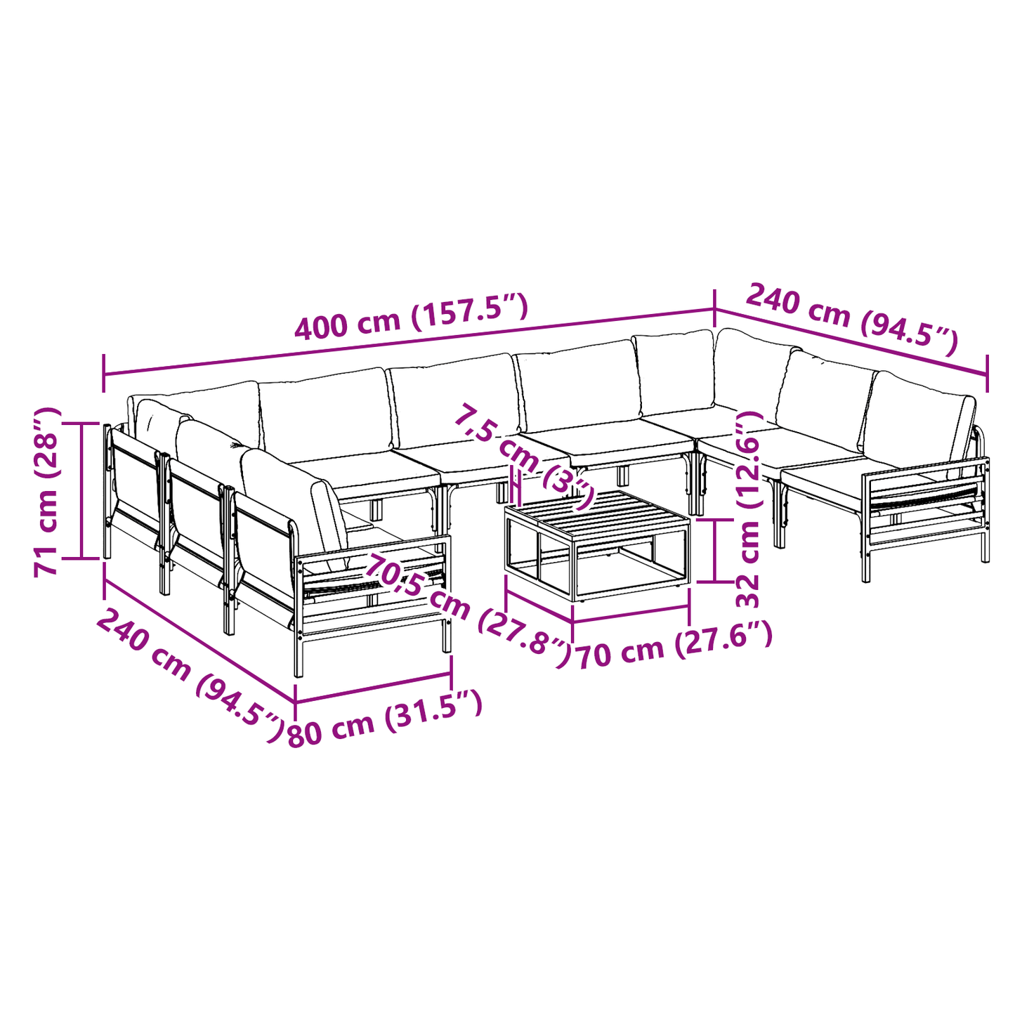 Hagesofa Set med pute 10 pcs Svart Stål
