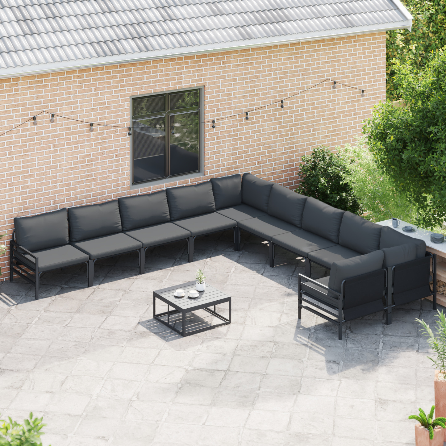 Hagesofa Set med pute 10 pcs Svart Stål