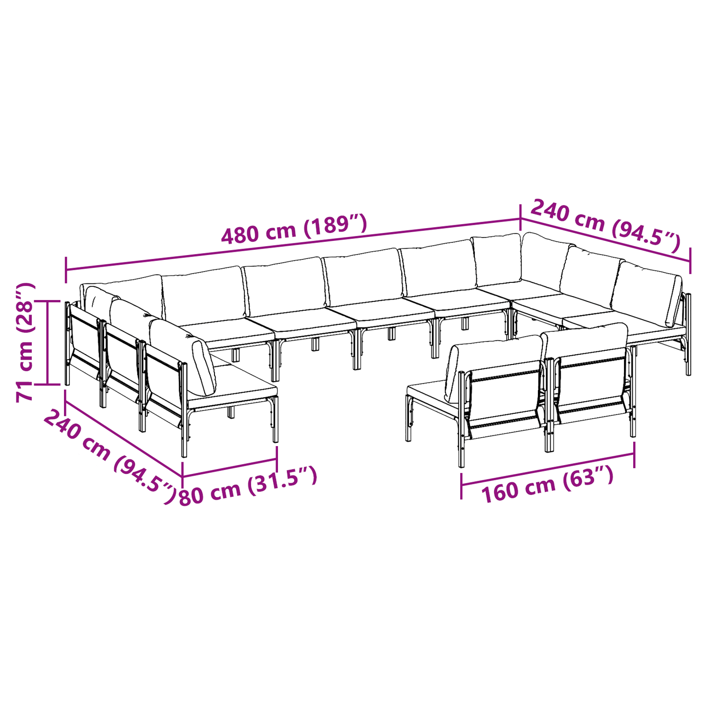 Hagesofa Set med pute 12 pcs Svart Stål