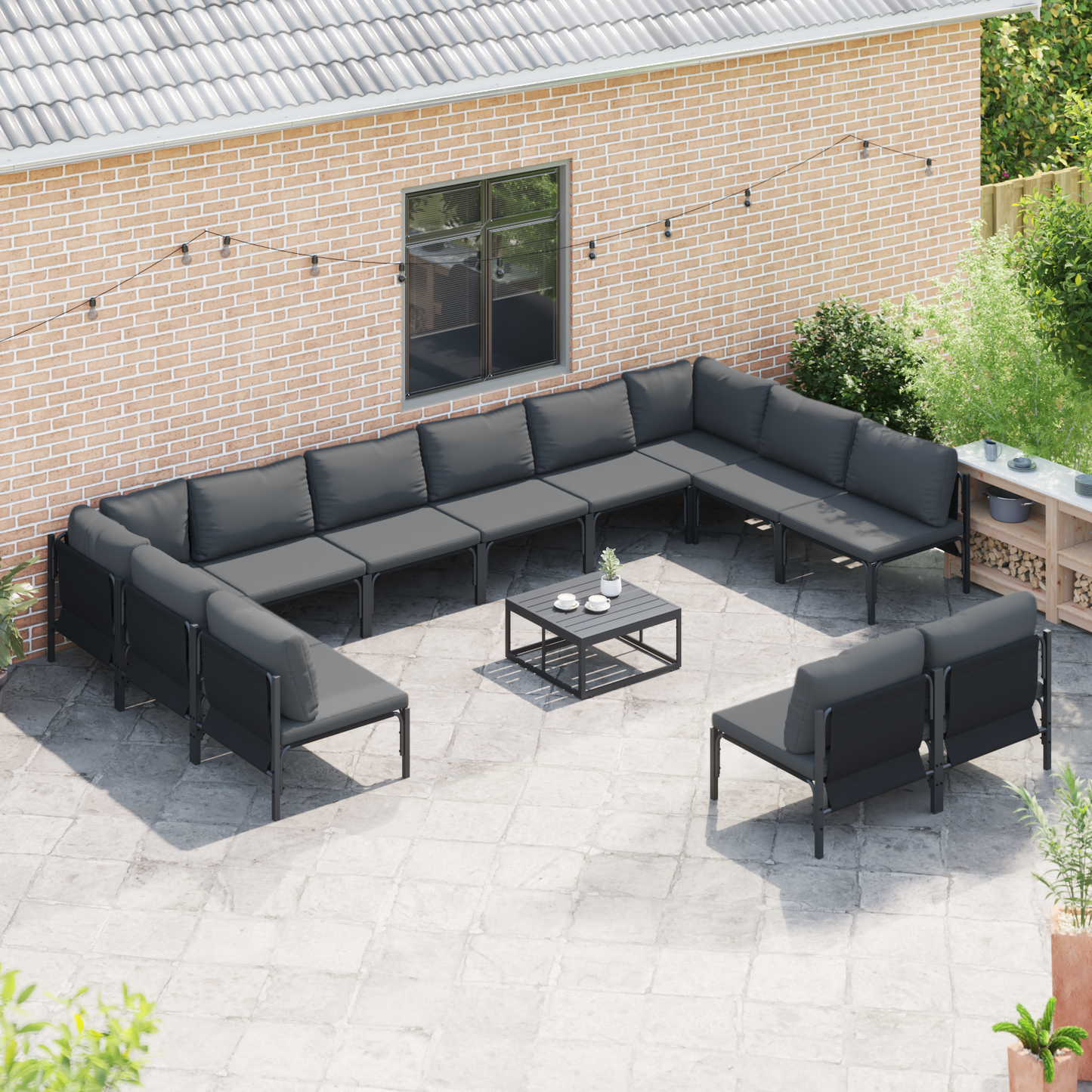 Hagesofa Set med pute 13 pcs Svart Stål