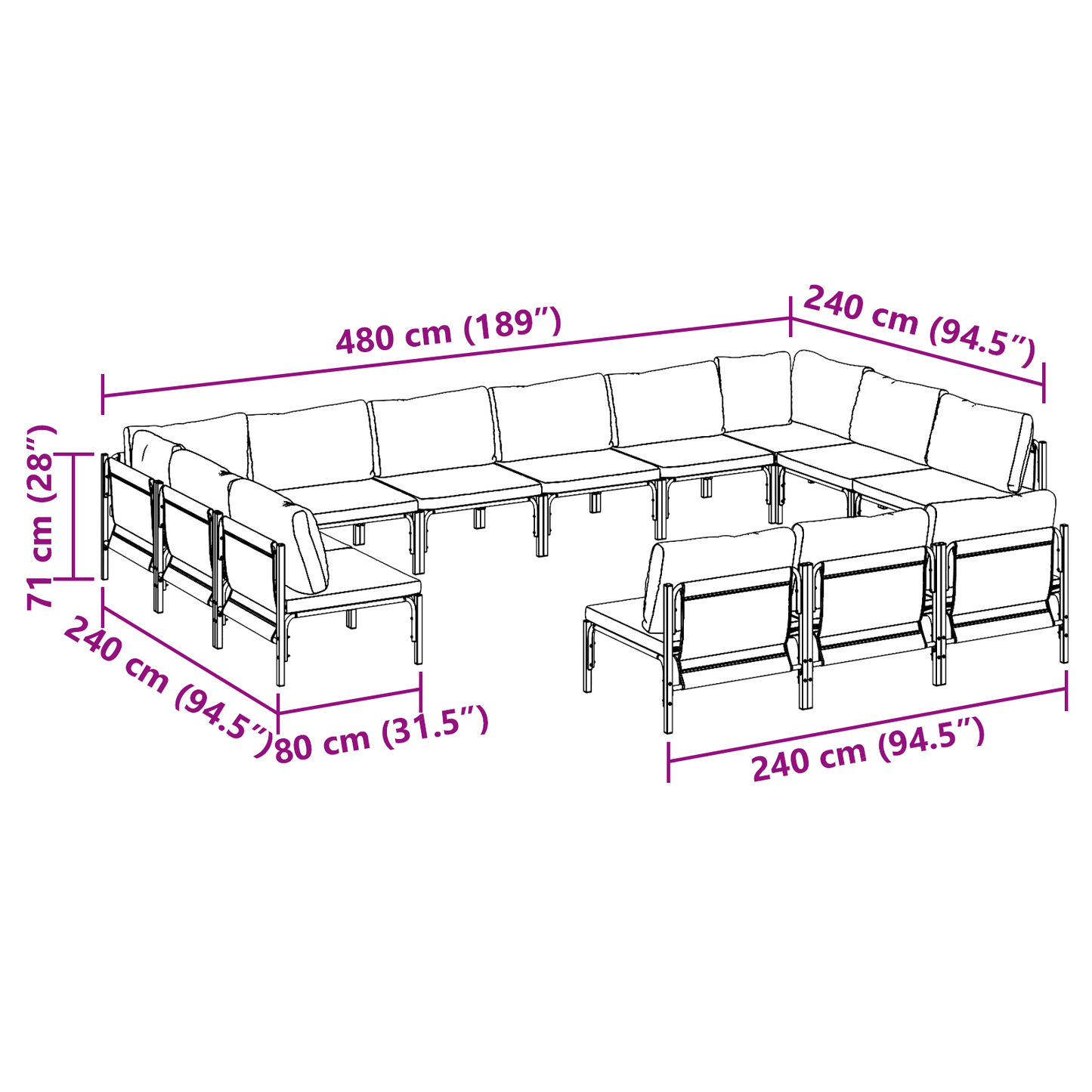 Hagesofa Set med pute 13 pcs Svart Stål
