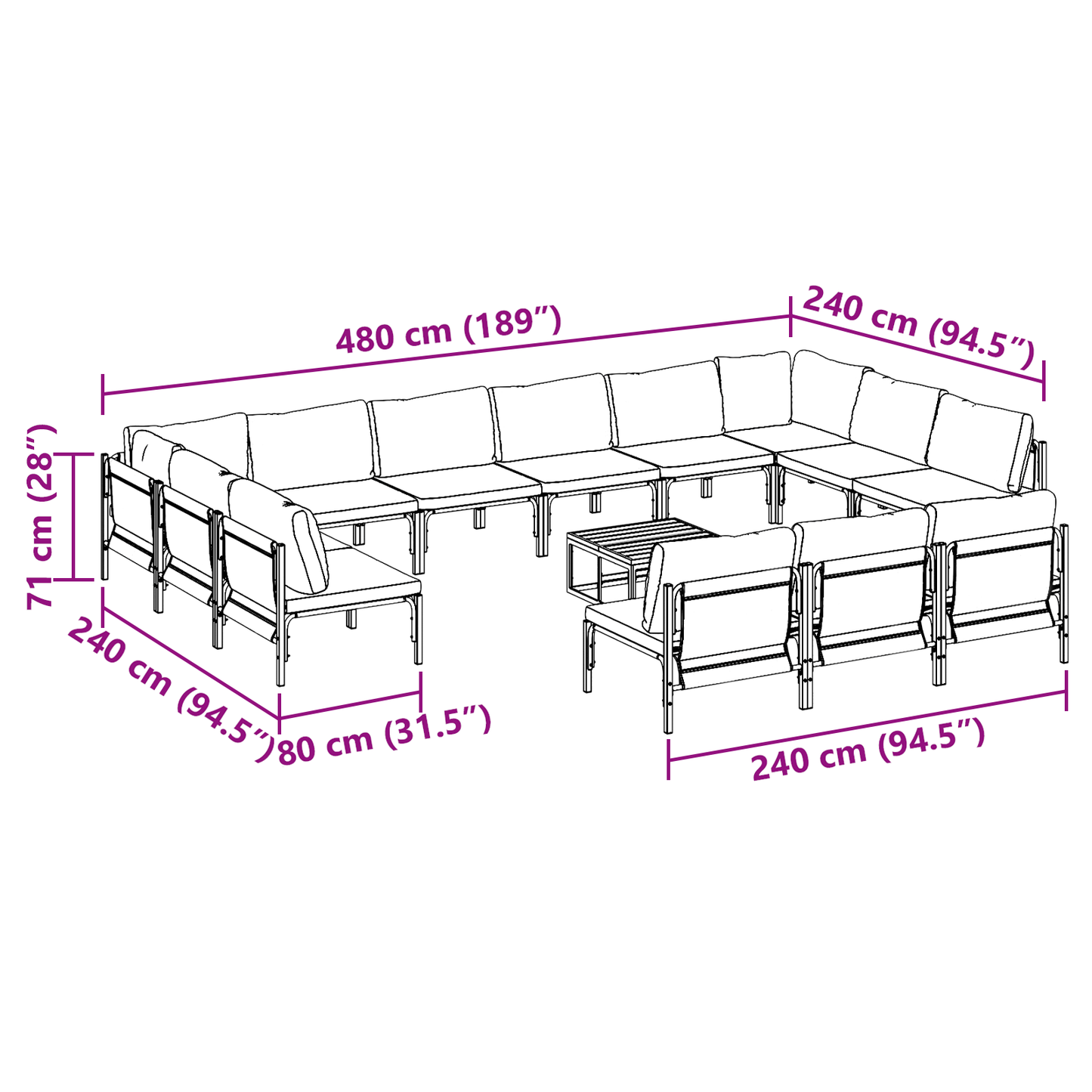 Hagesofa Set med pute 14 pcs Svart Stål