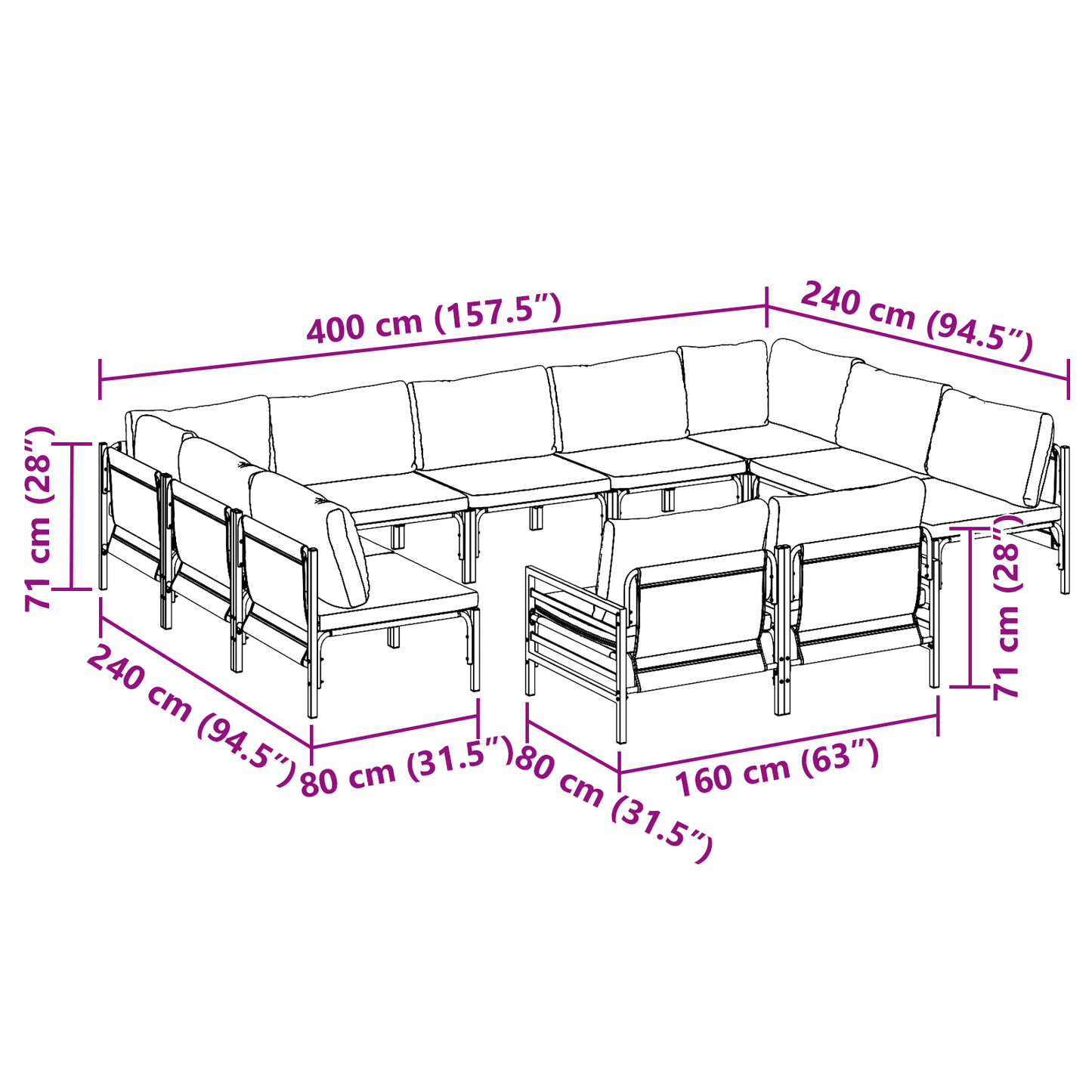 Hagesofa Set med pute 11 pcs Svart Stål
