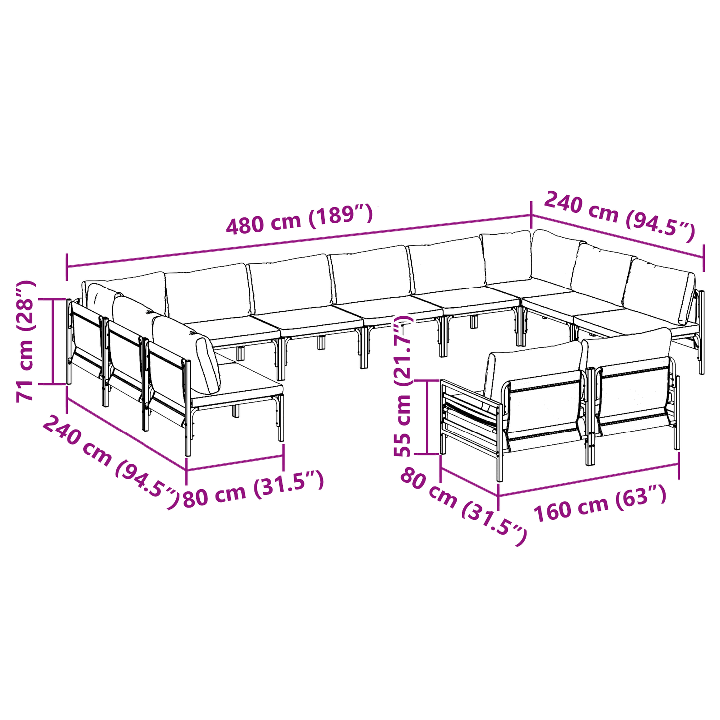 Hagesofa Set med pute 12 pcs Svart Stål