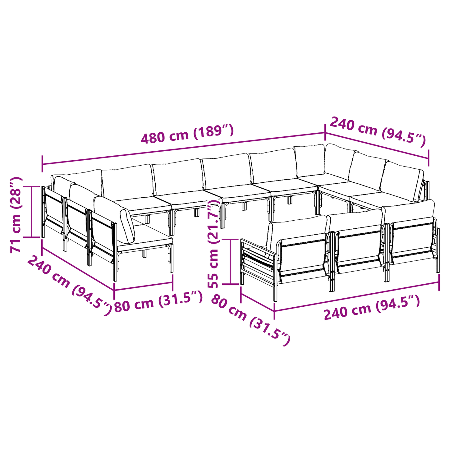 Hagesofa Set med pute 13 pcs Svart Stål