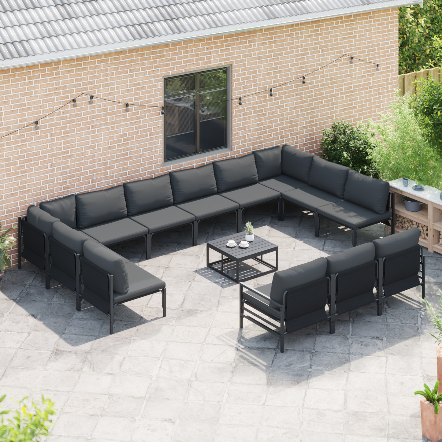 Hagesofa Set med pute 14 pcs Svart Stål
