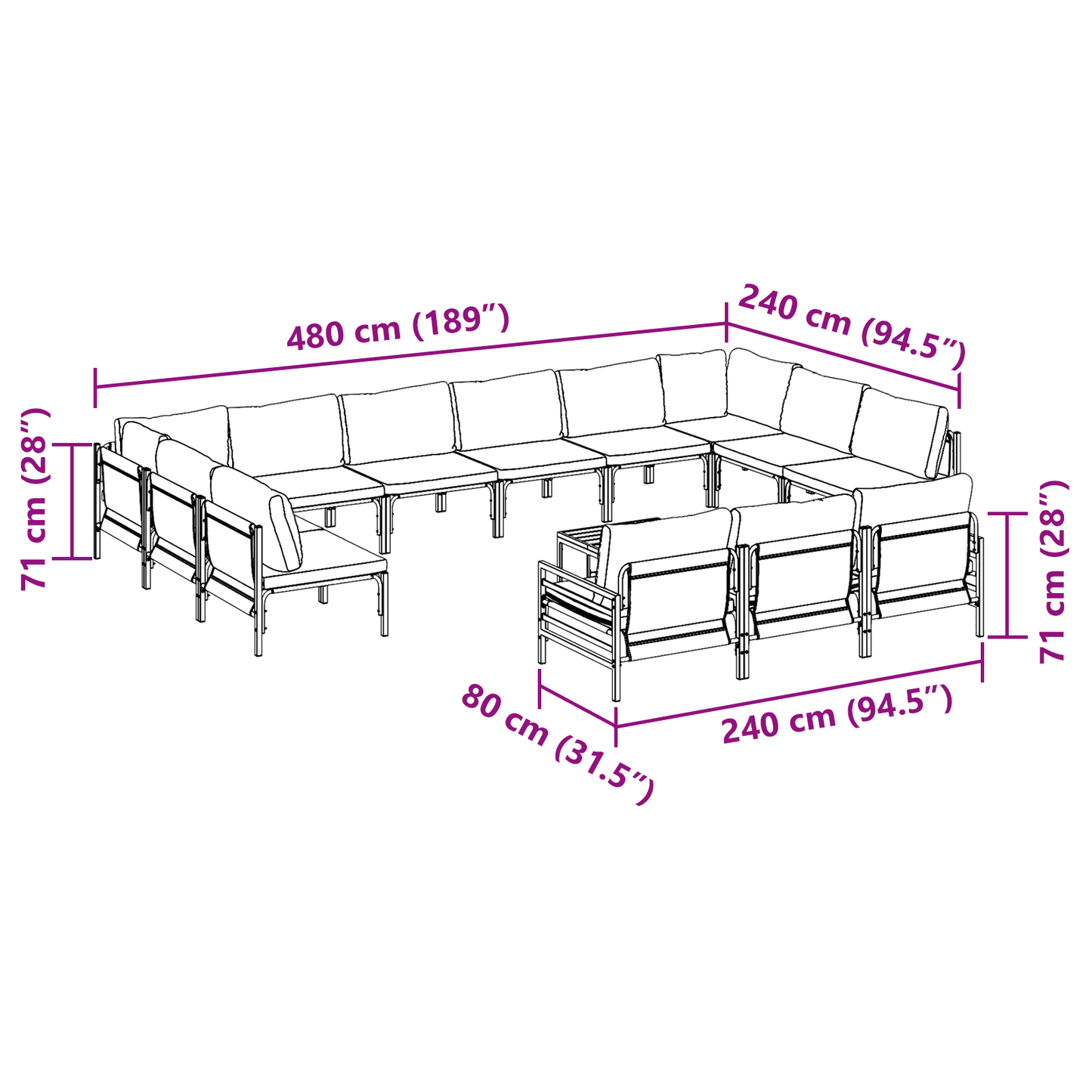 Hagesofa Set med pute 14 pcs Svart Stål
