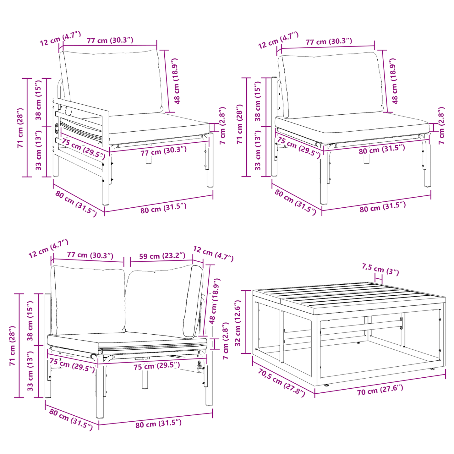 Hagesofa Set med pute 14 pcs Svart Stål