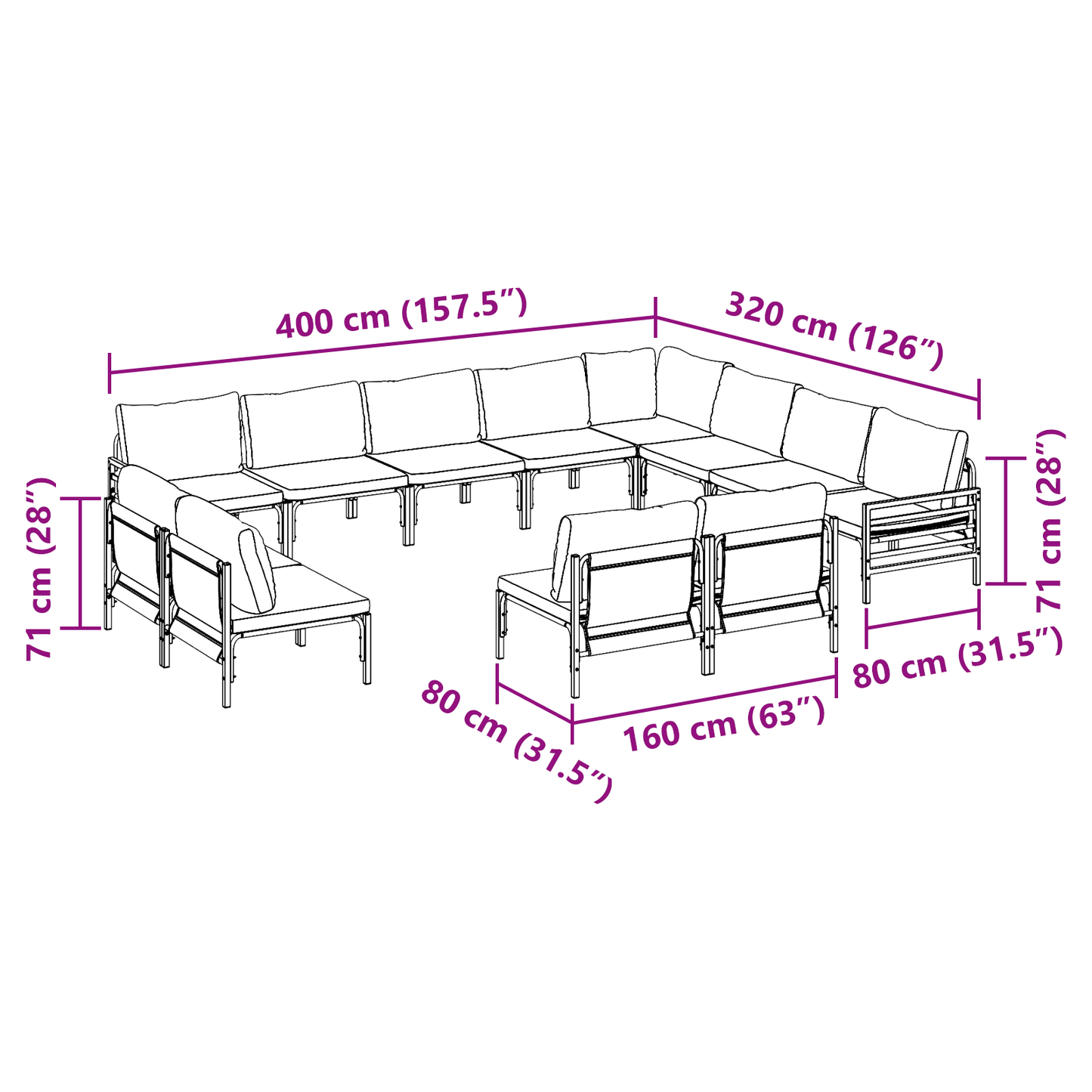 Hagesofa Set med pute 12 pcs Svart Stål
