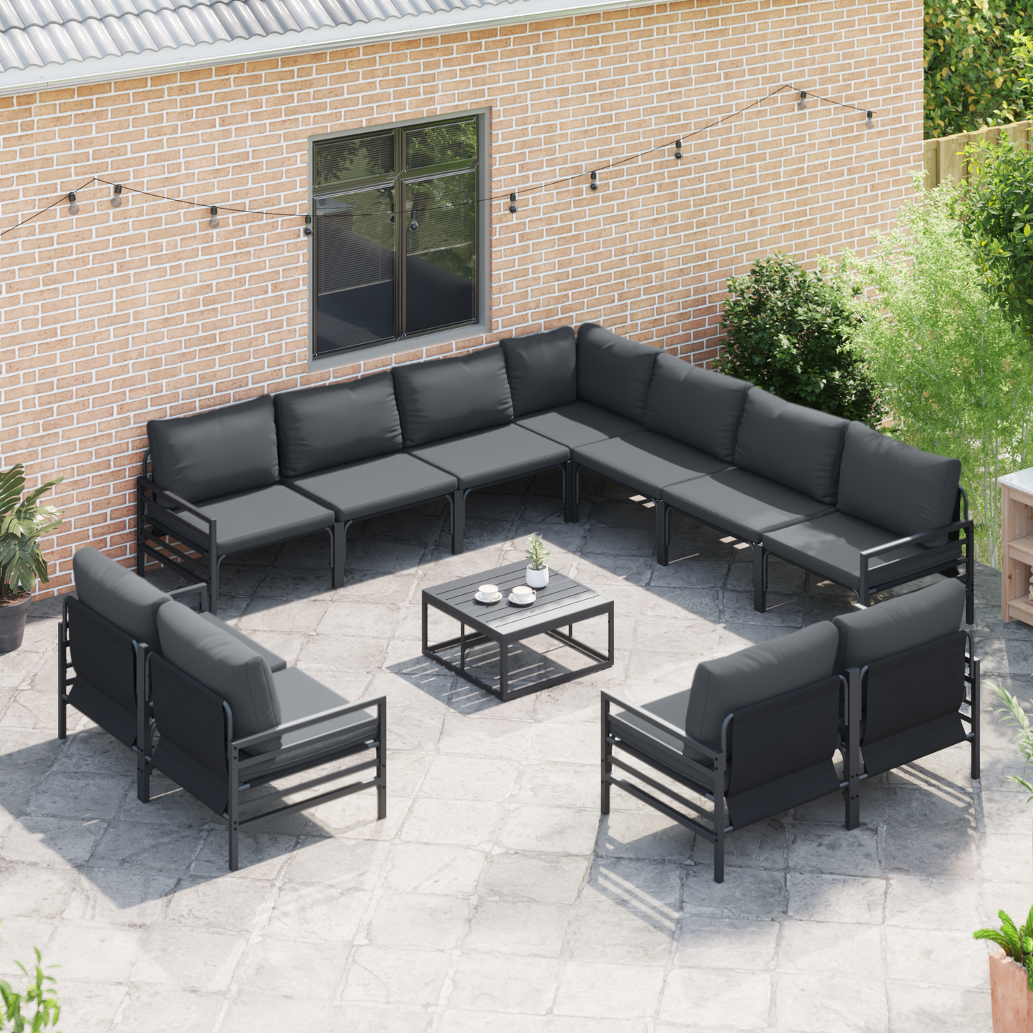 Hagesofa Set med pute 11 pcs Svart Stål