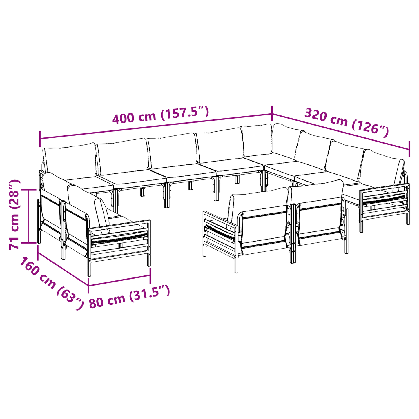 Hagesofa Set med pute 12 pcs Svart Stål