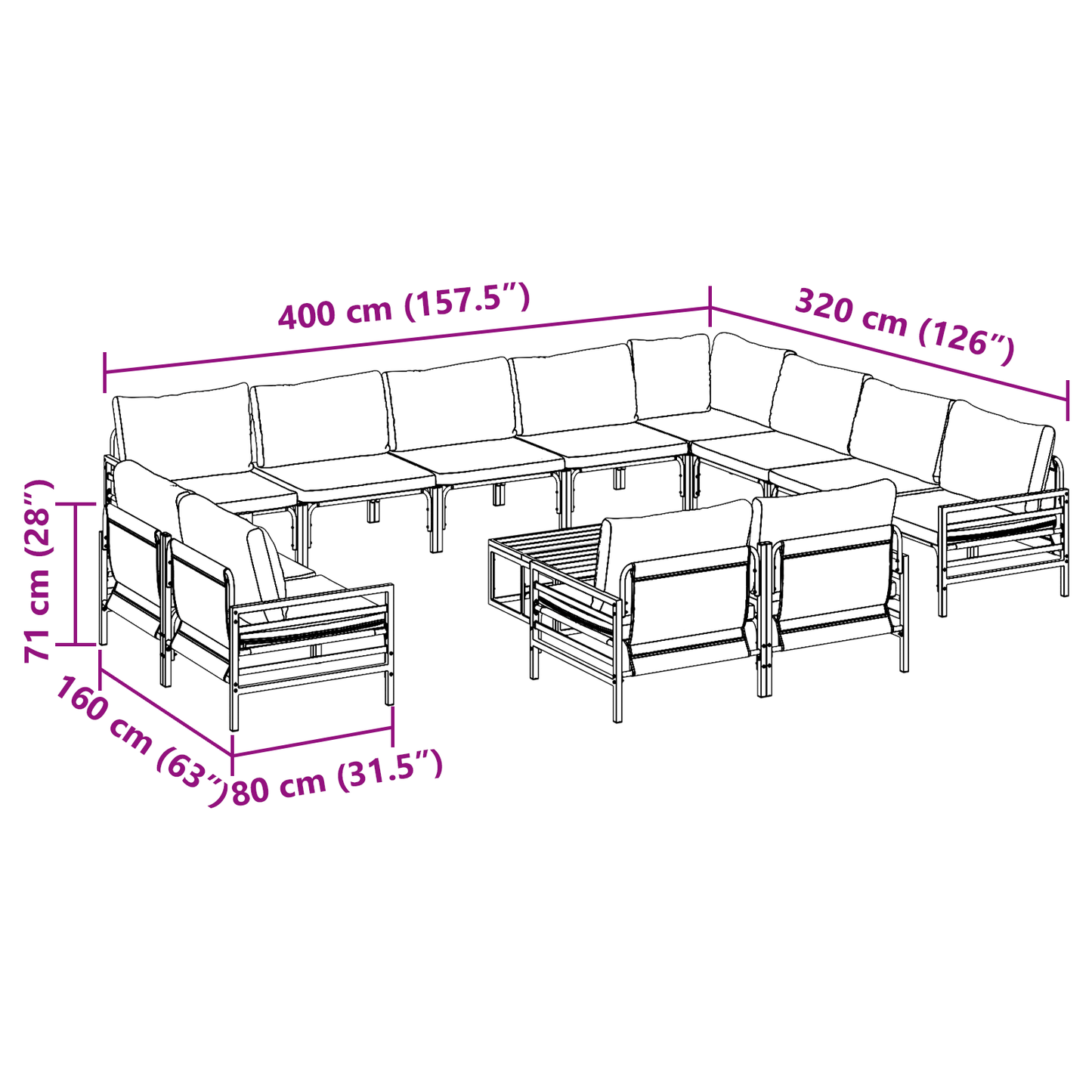 Hagesofa Set med pute 13 pcs Svart Stål