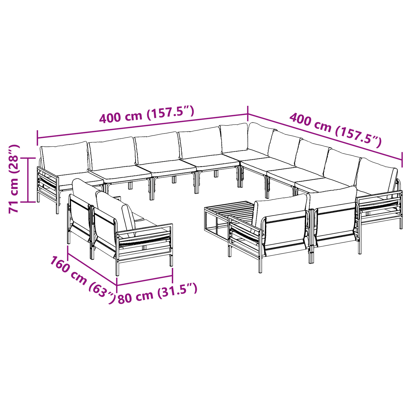 Hagesofa Set med pute 14 pcs Svart Stål