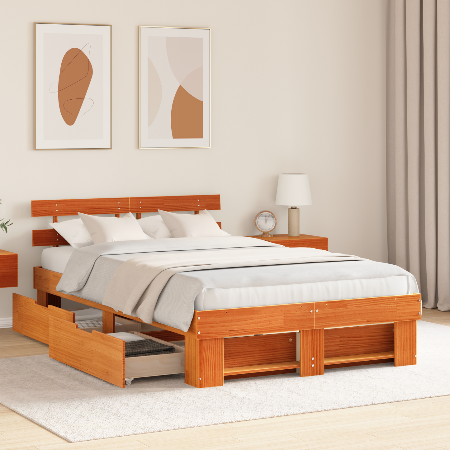 Sengestamme med hodegjerde Vokset Brun 135 x 190 cm Massiv furu