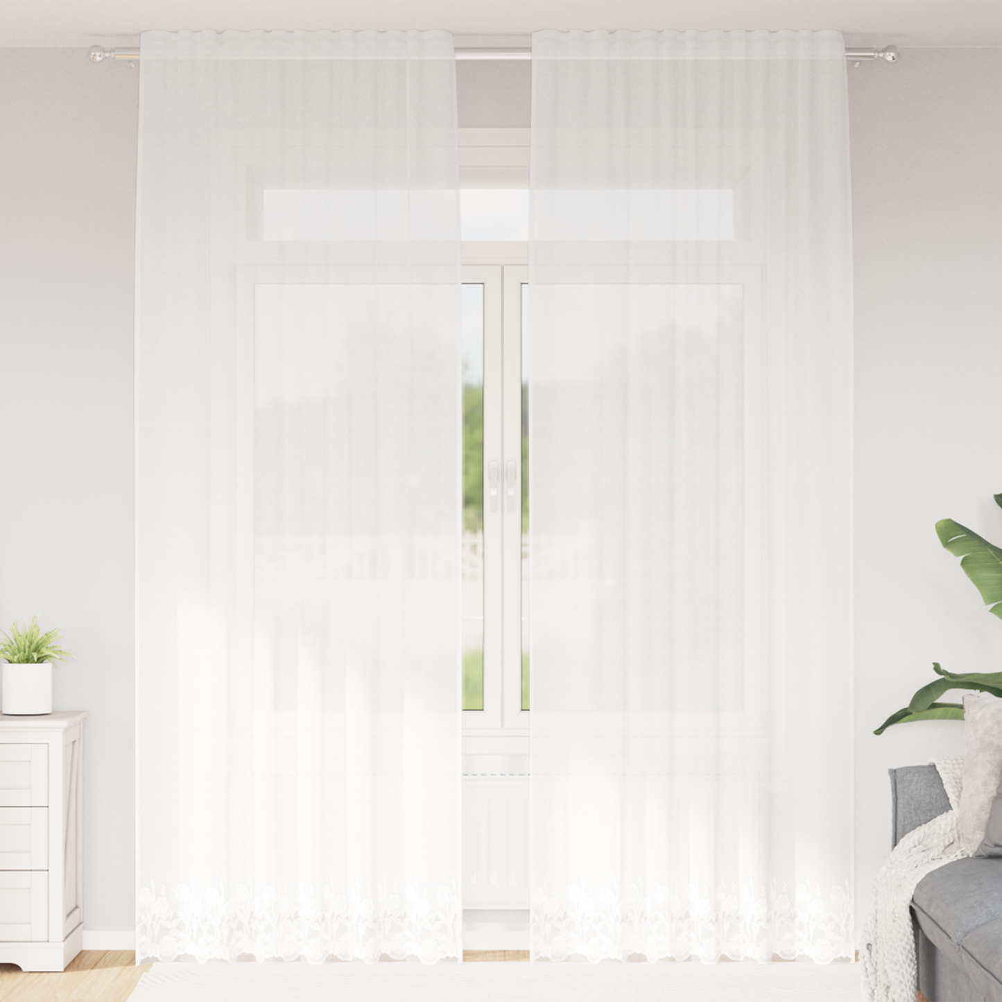 Blondegardin med gardiner Blomster Hvit 280 x 150 cm Polyester