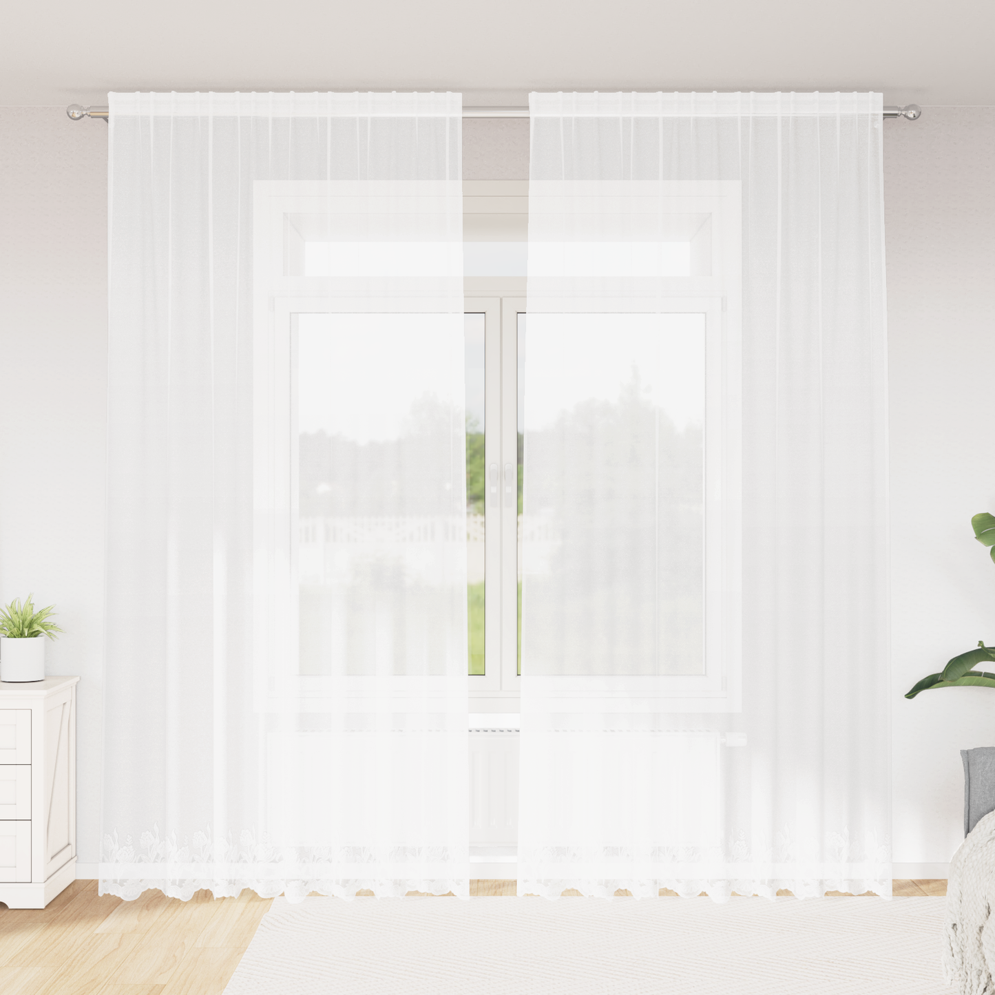 Blondegardin med gardiner Blomster Hvit 280 x 200 cm Polyester