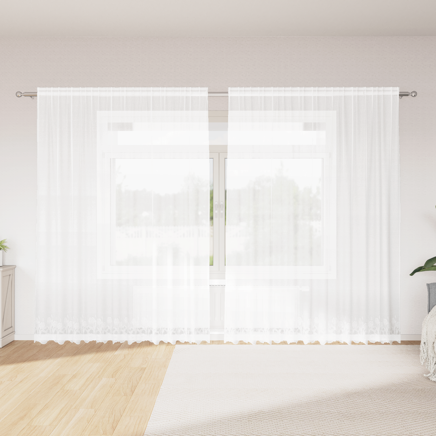 Blondegardin med gardiner Blomster Hvit 245x300cm Polyester