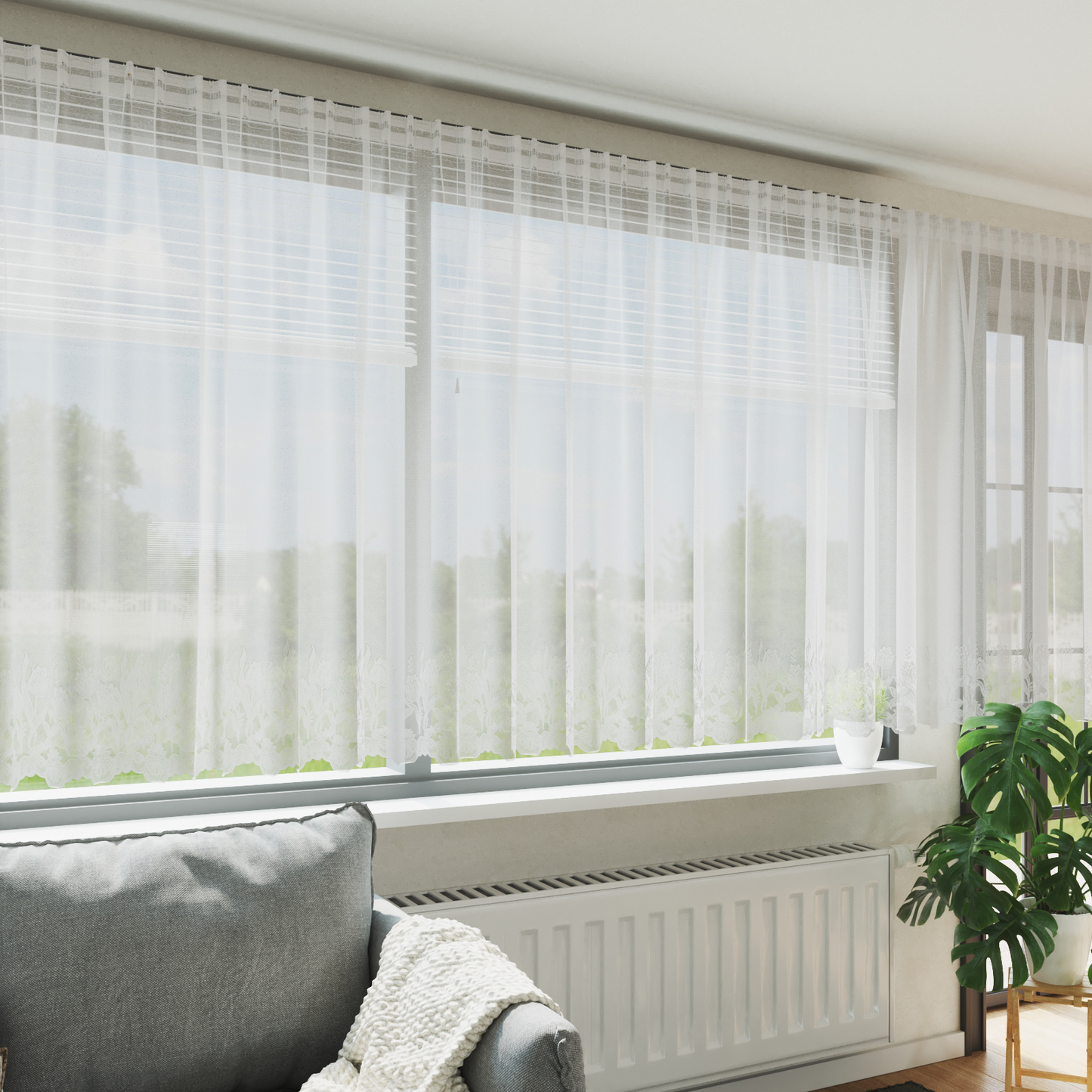 Blondegardin med gardiner Blomster Hvit 180 x 500 cm Polyester
