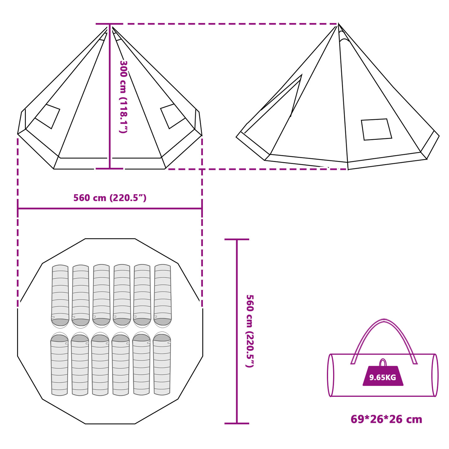 Tipi telt med tak med lagring grønn 560 x 560 x 300 cm taft