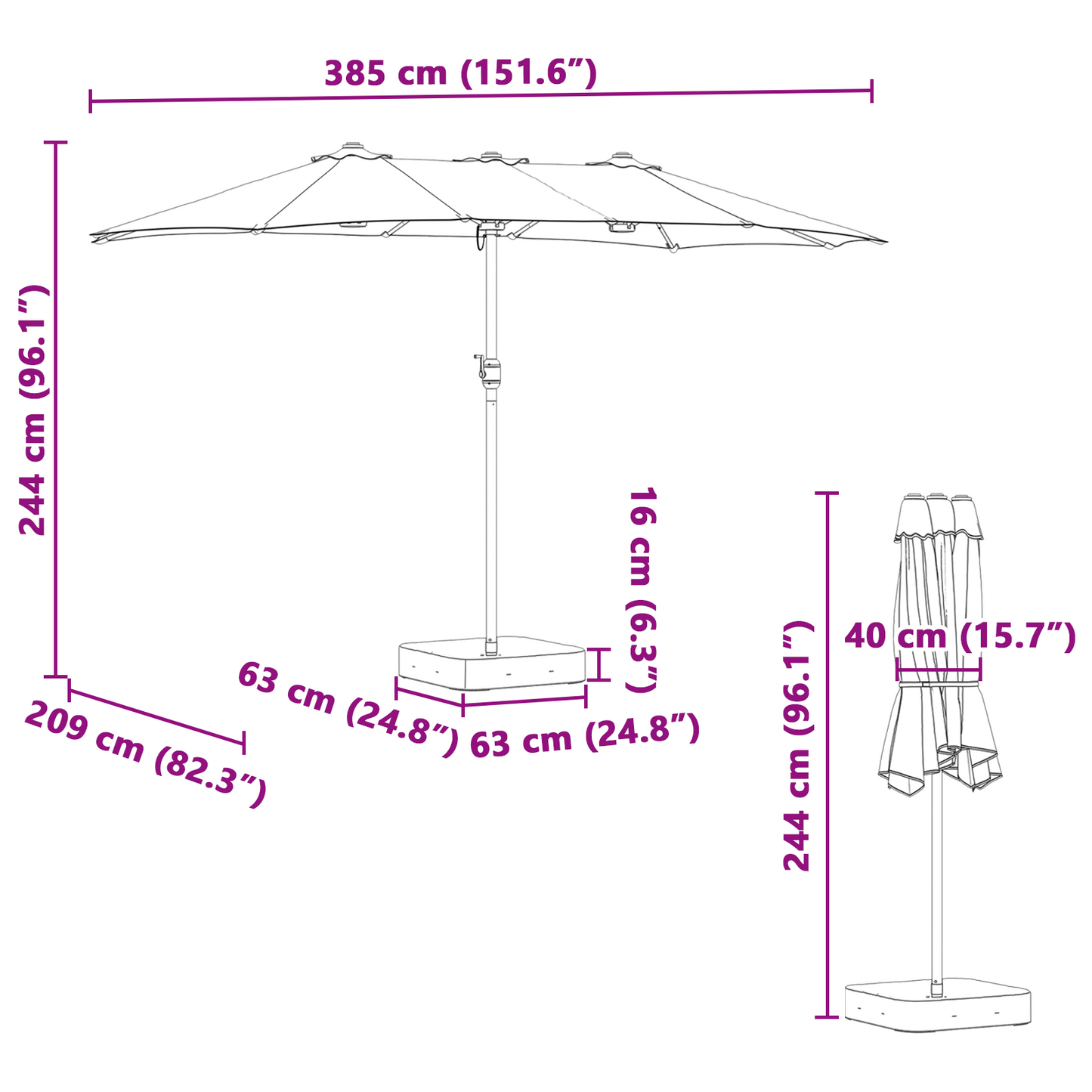 Hageparasol Svart 385 x 209 x 244 cm Polyester