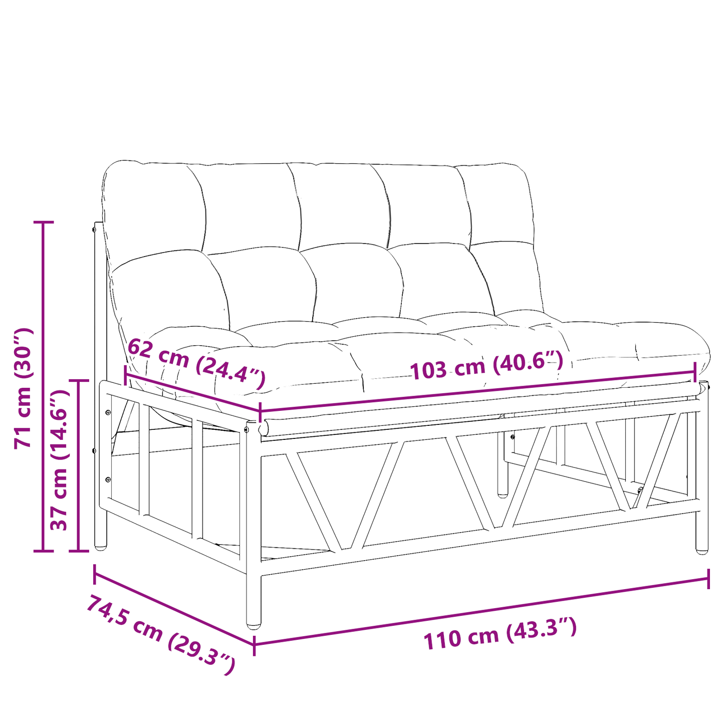 Utendørs sitteplasser med pute Lysegrå 110 x 74,5 x 71 cm Stål