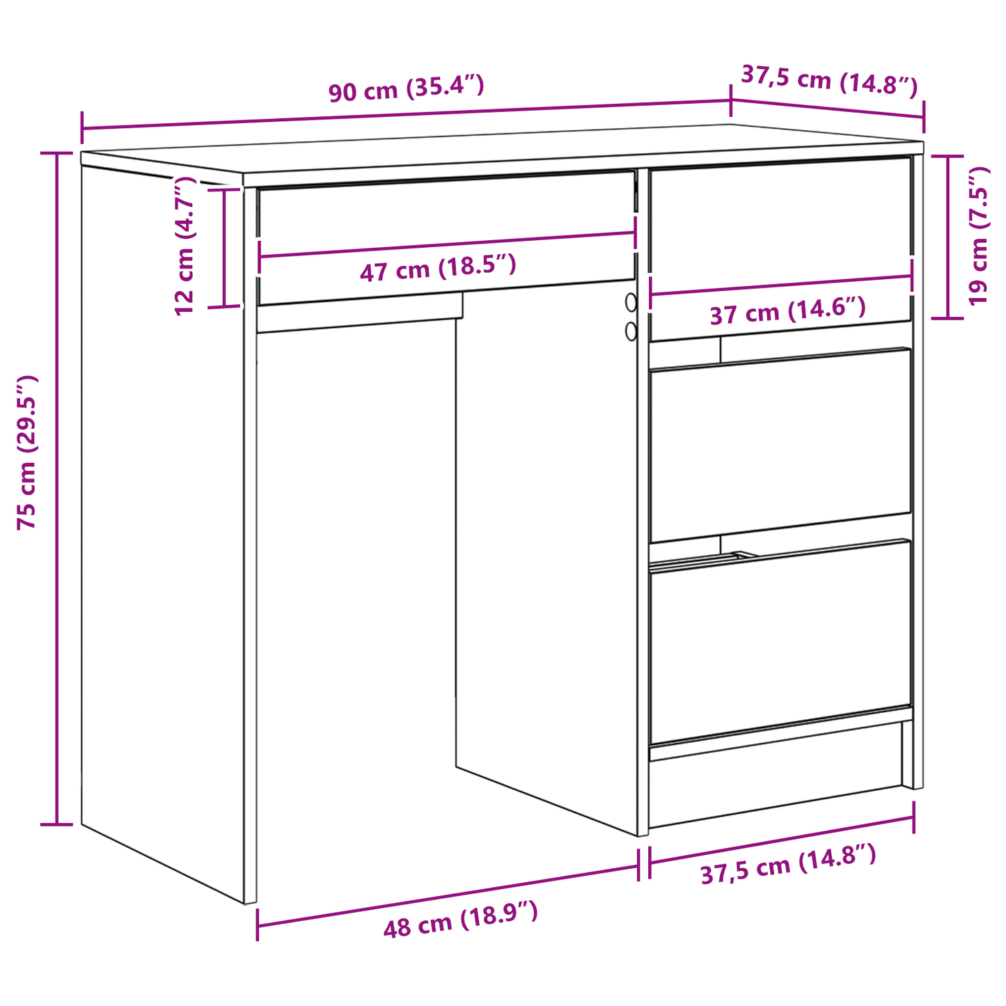 Skrivebord med skuff Hvit 90 x 37,5 x 75 cm Konstruert tre