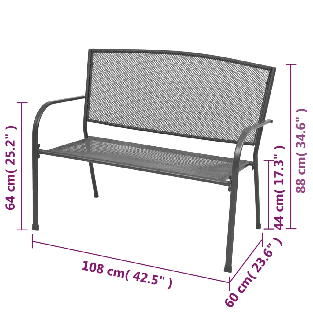 Hagebenk 108 cm stål og netting antrasitt