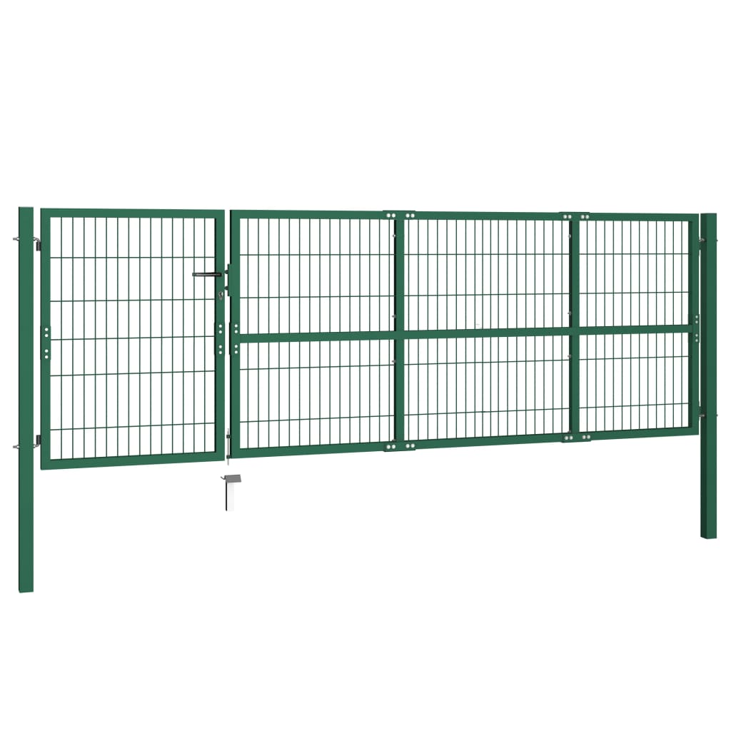 Hagegjerdeport med stolper 350x100 cm stålgrønn