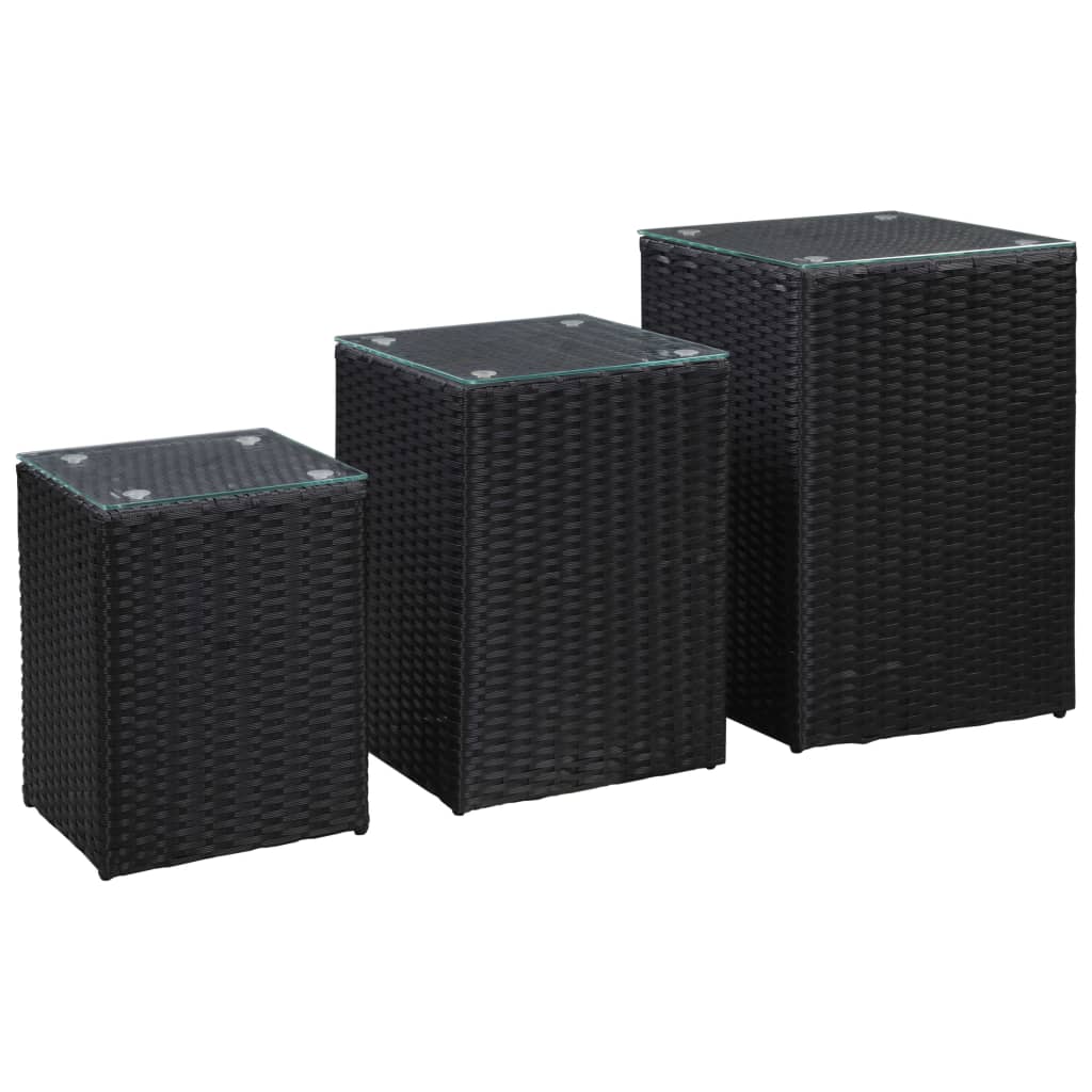 Sidebord 3 stk med glass topp svart polyrotting