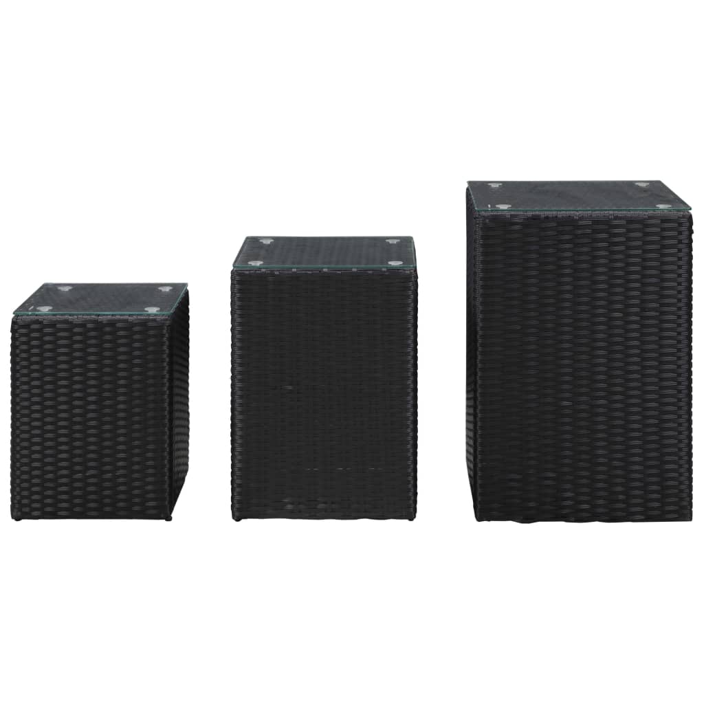 Sidebord 3 stk med glass topp svart polyrotting
