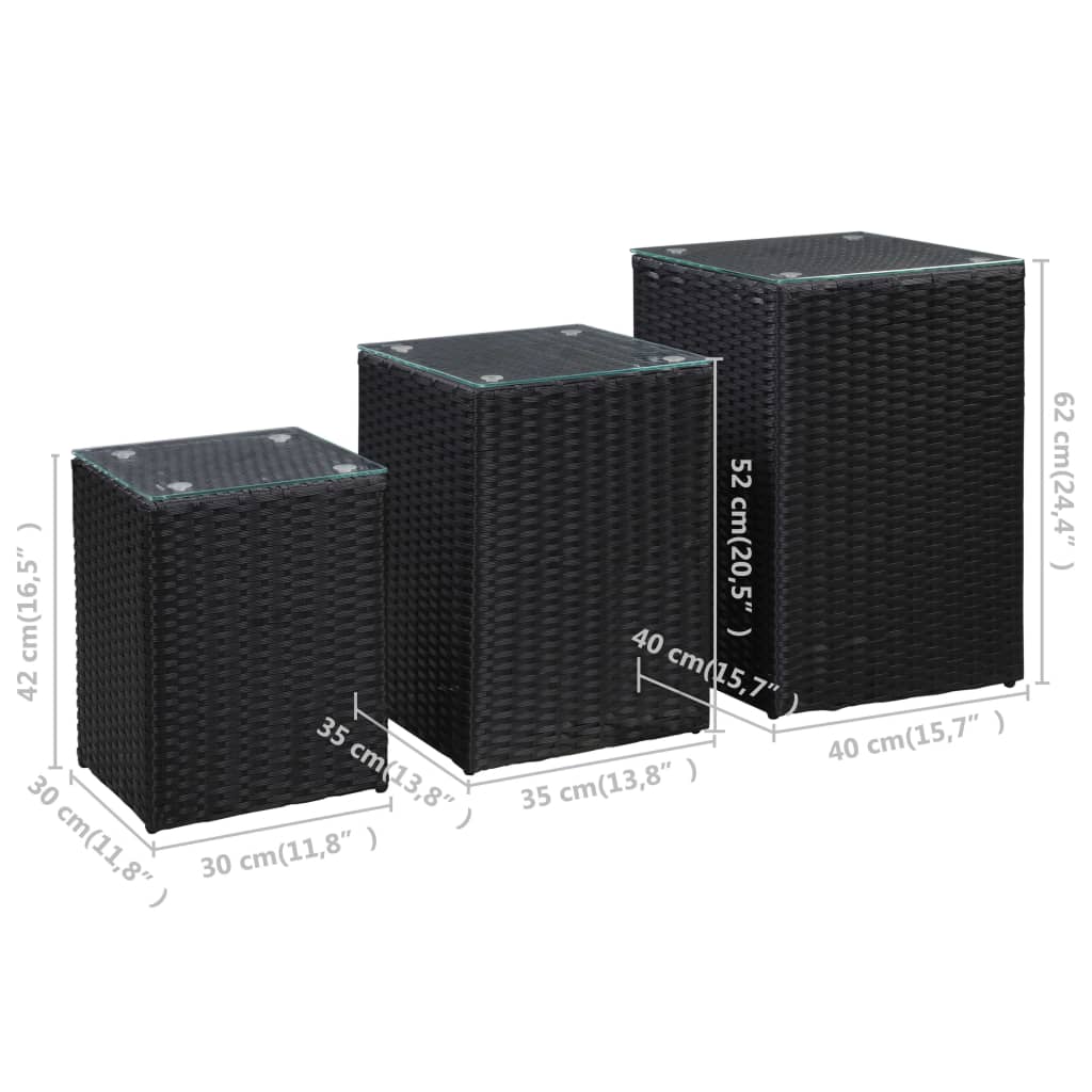 Sidebord 3 stk med glass topp svart polyrotting