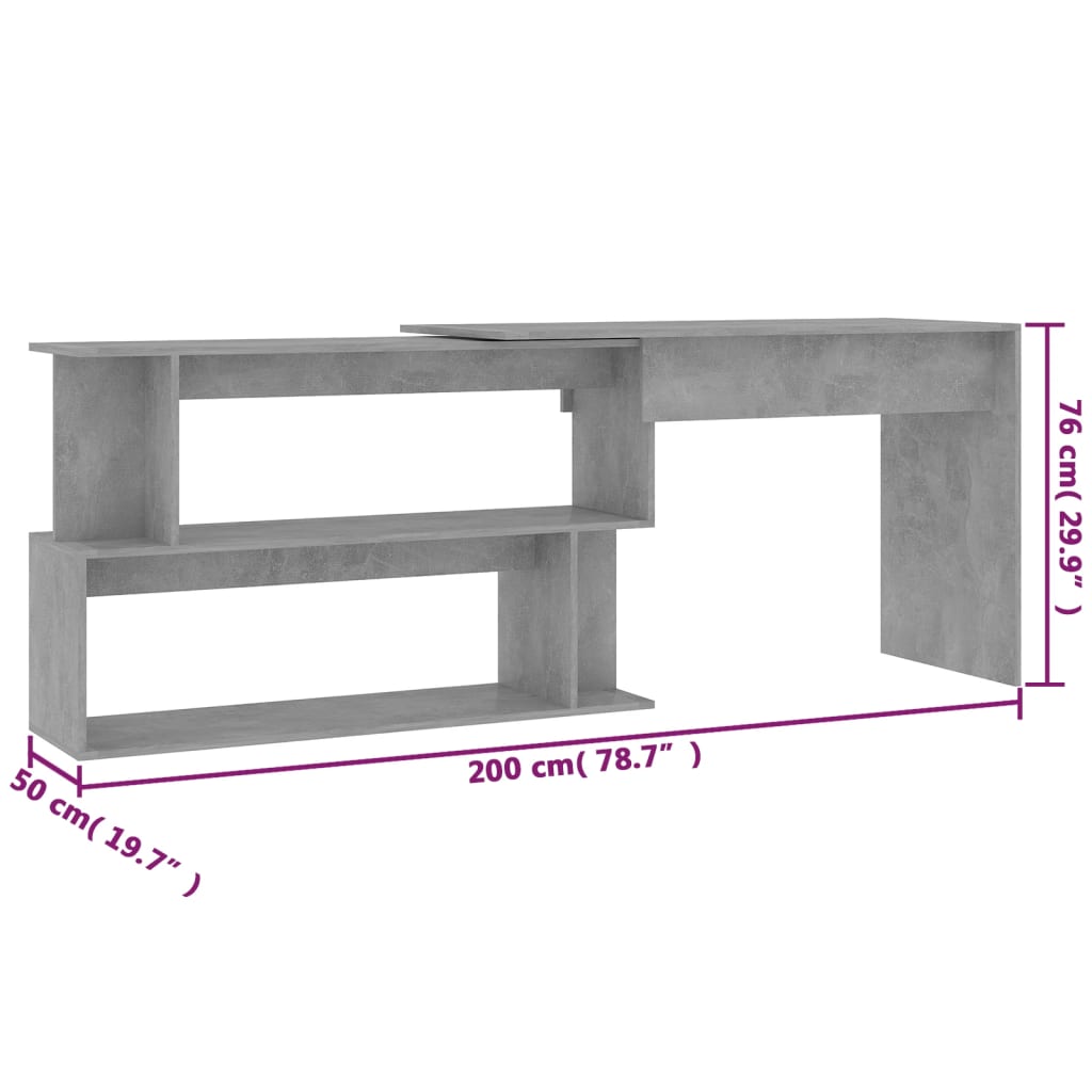 Skrivebord for hjørne betonggrå 200x50x76 cm konstruert tre