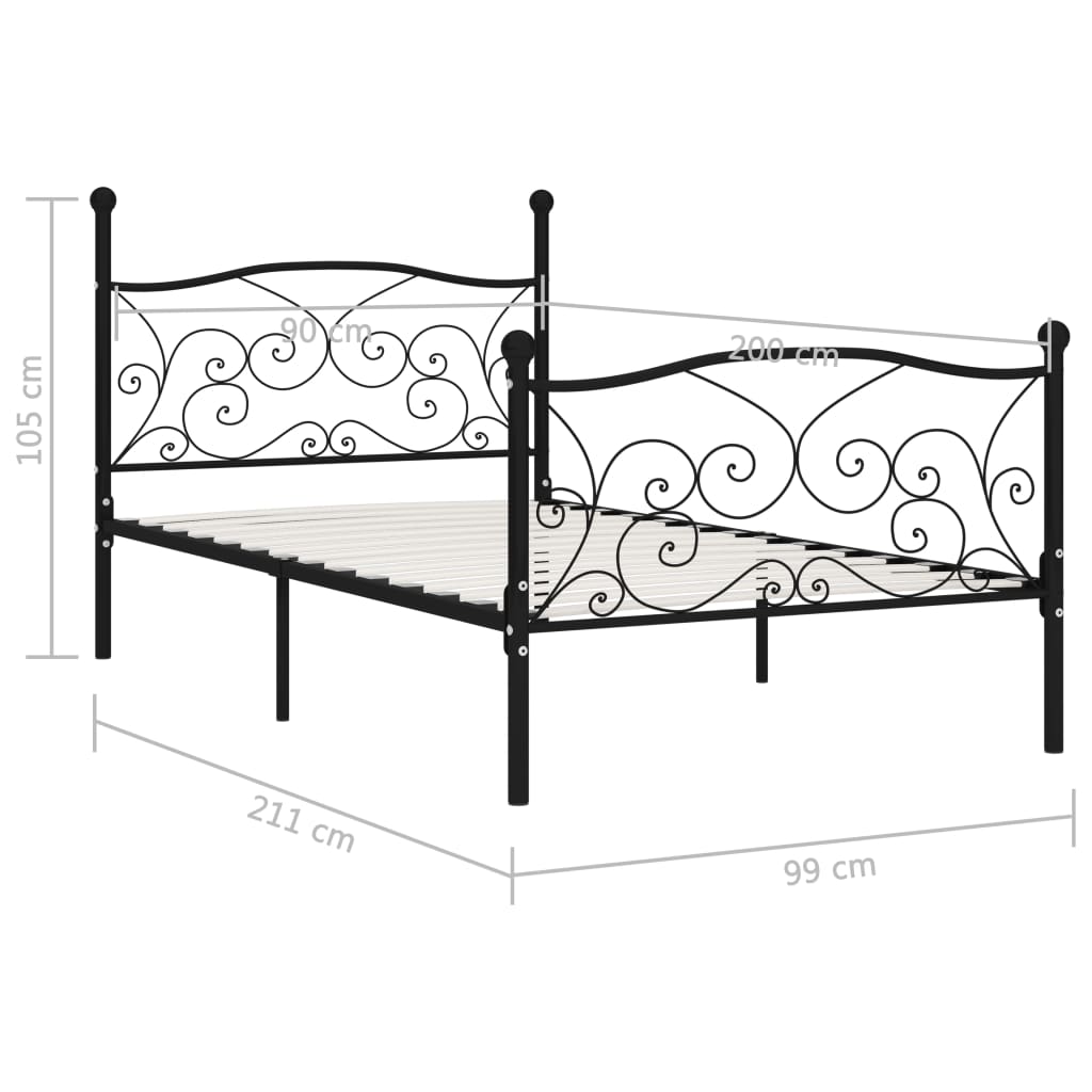 Sengeramme med spilebase svart metall 90x200 cm