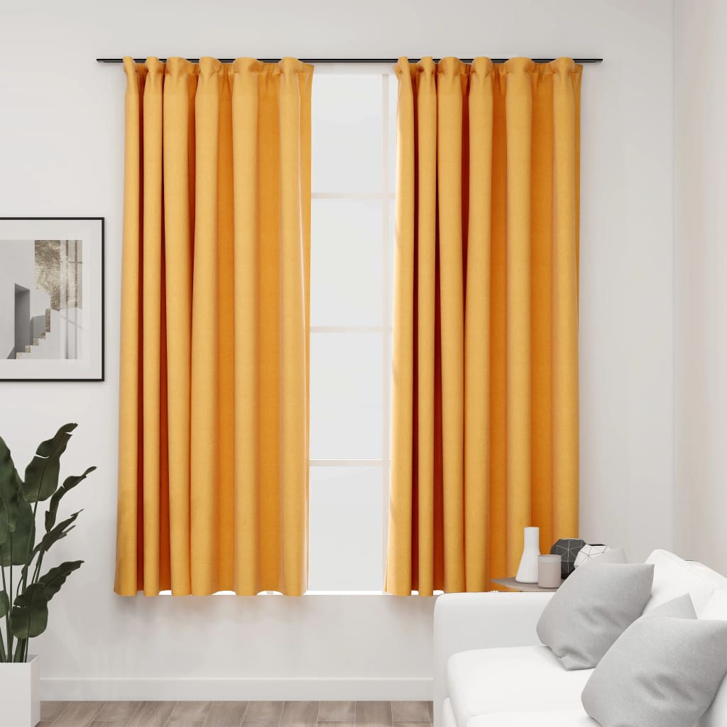 Lystette gardiner med kroker og lin-design 2 stk gul 140x175 cm