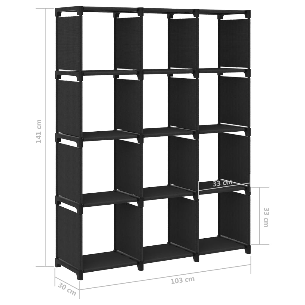 Displayhylle med 12 kuber svart 103x30x141 cm stoff