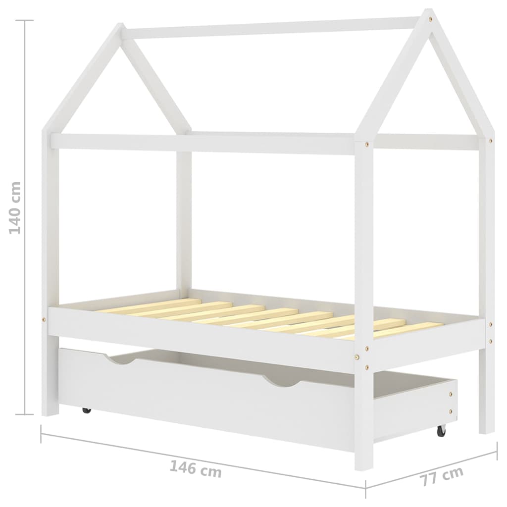 Ramme for barneseng med skuff hvit heltre furu 70x140 cm