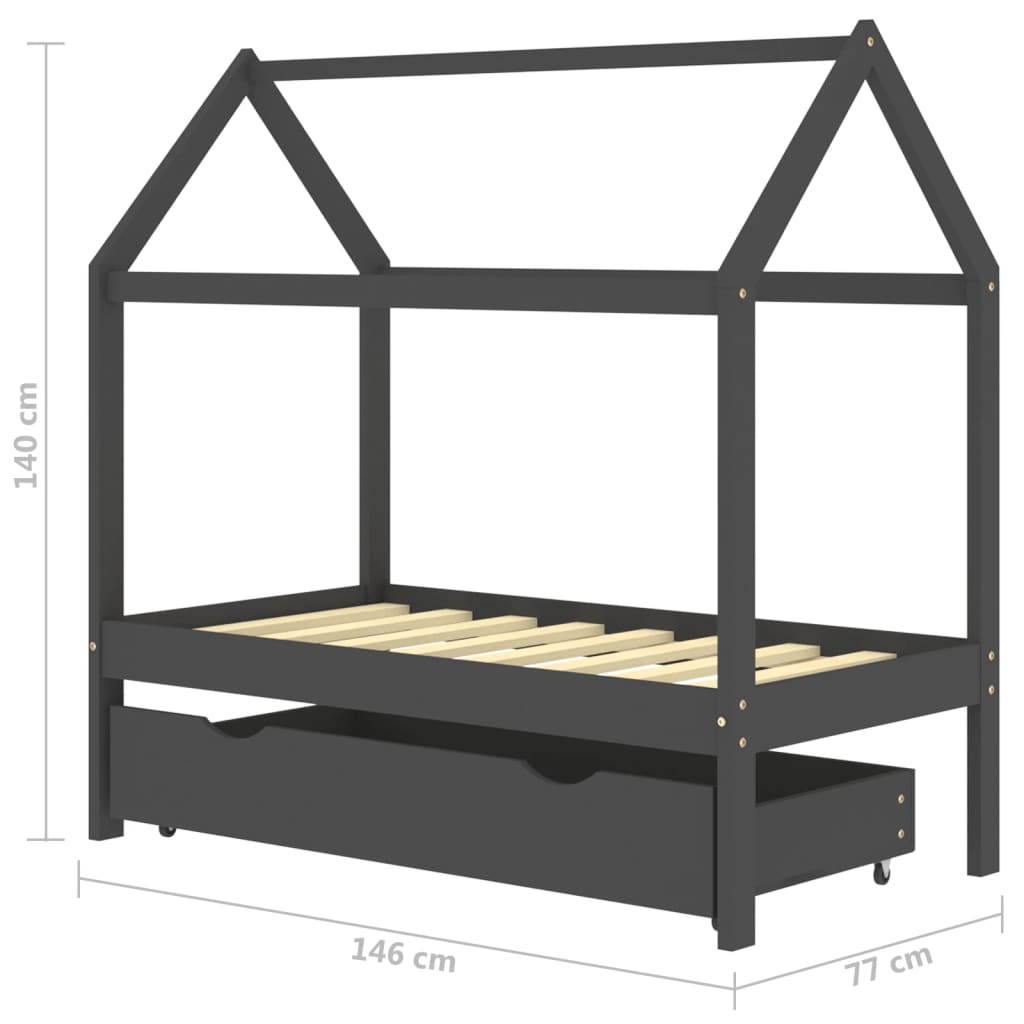 Sengeramme for barn med skuff heltre furu 70x140 cm mørkegrå