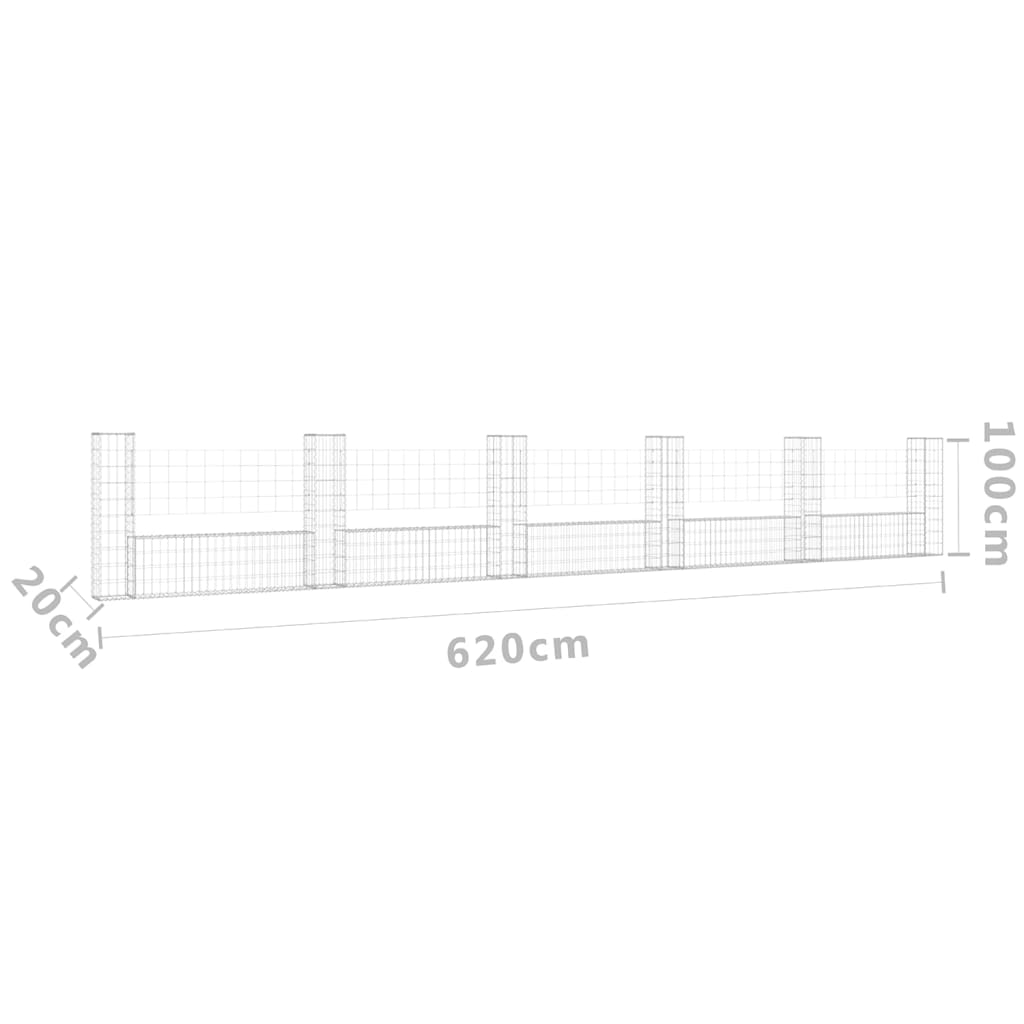 Gabionkurv u-formet med 6 stolper jern 620x20x100 cm