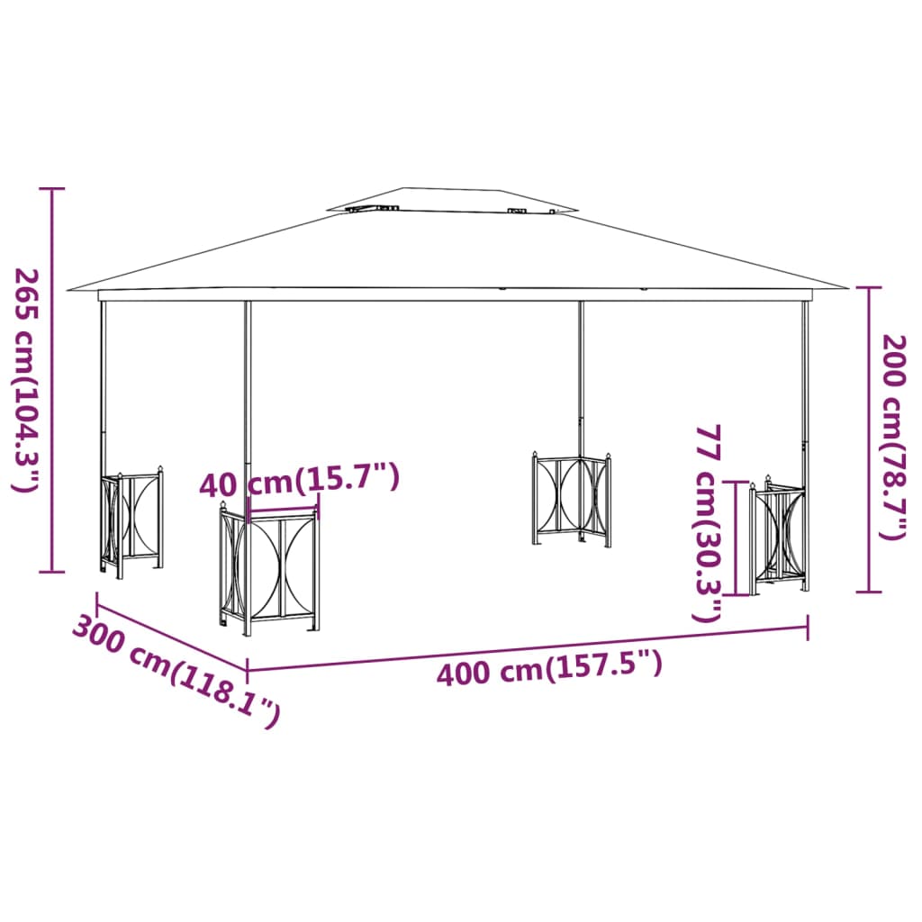 Paviljong med sidevegger og dobbelt tak 3x4 m kremhvit