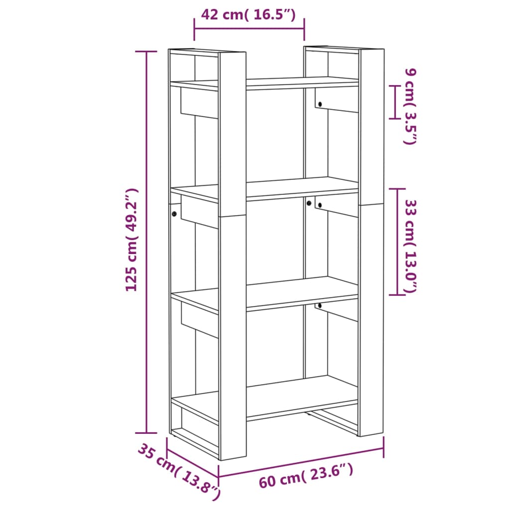 Bokhylle/romdeler hvit 60x35x125 cm heltre